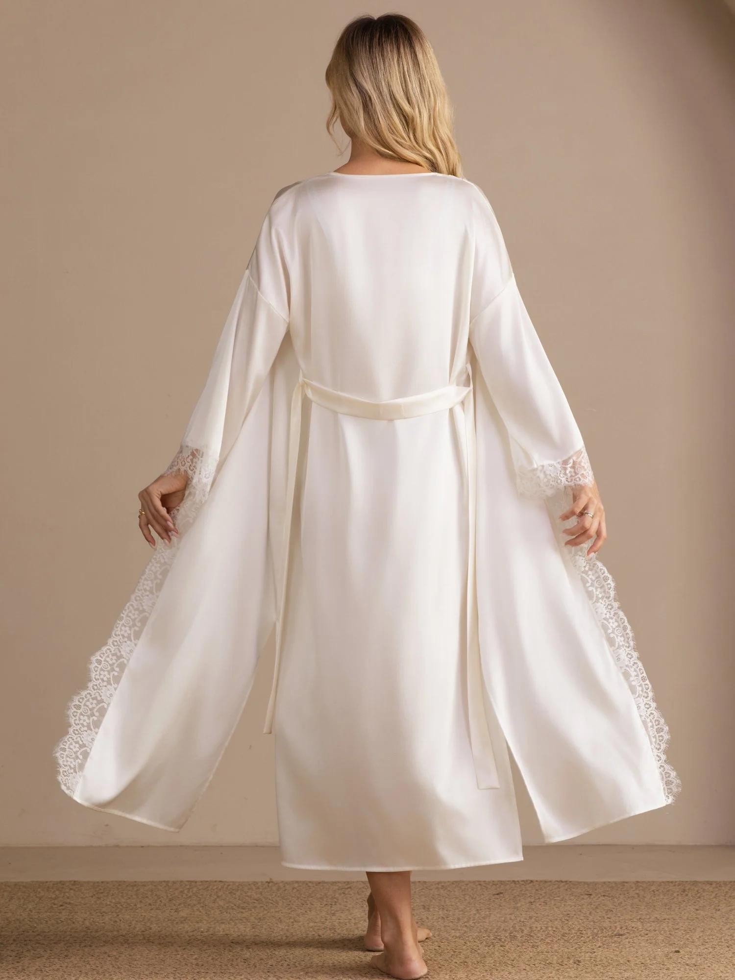 100 Percent Maulbeerseide Damen Kimono Ärmel Spitze Saum Midi Morgenmantel Für Braut - Image 2
