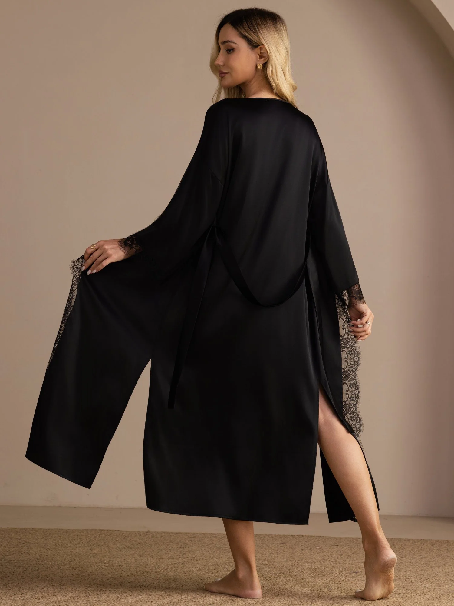 100 Percent Maulbeerseide Damen Kimono Ärmel Spitze Saum Midi Morgenmantel Für Braut - Image 9