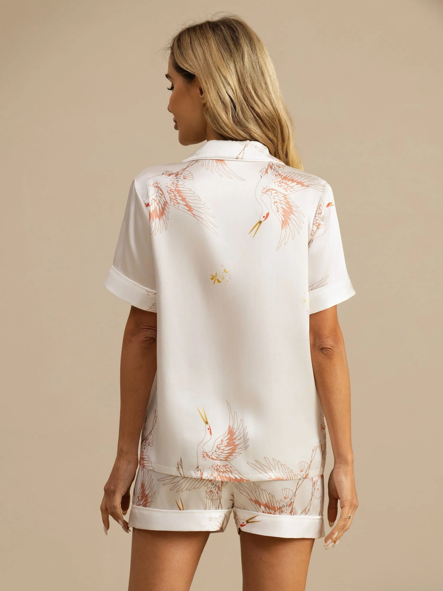 19Momme Reine Seide Kranich Print Kurzarm Notch Kragen Damen Pyjama Set - Image 30