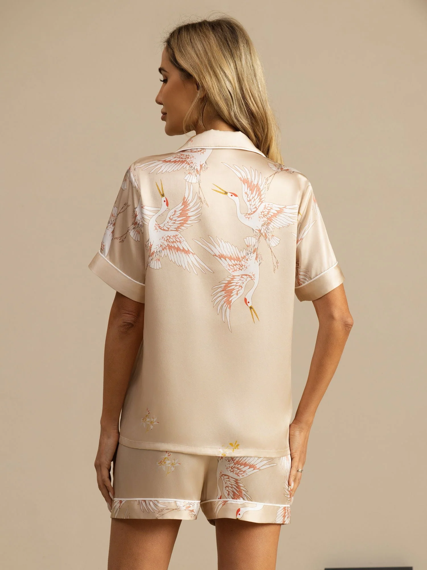 19Momme Reine Seide Kranich Print Kurzarm Notch Kragen Damen Pyjama Set - Image 37