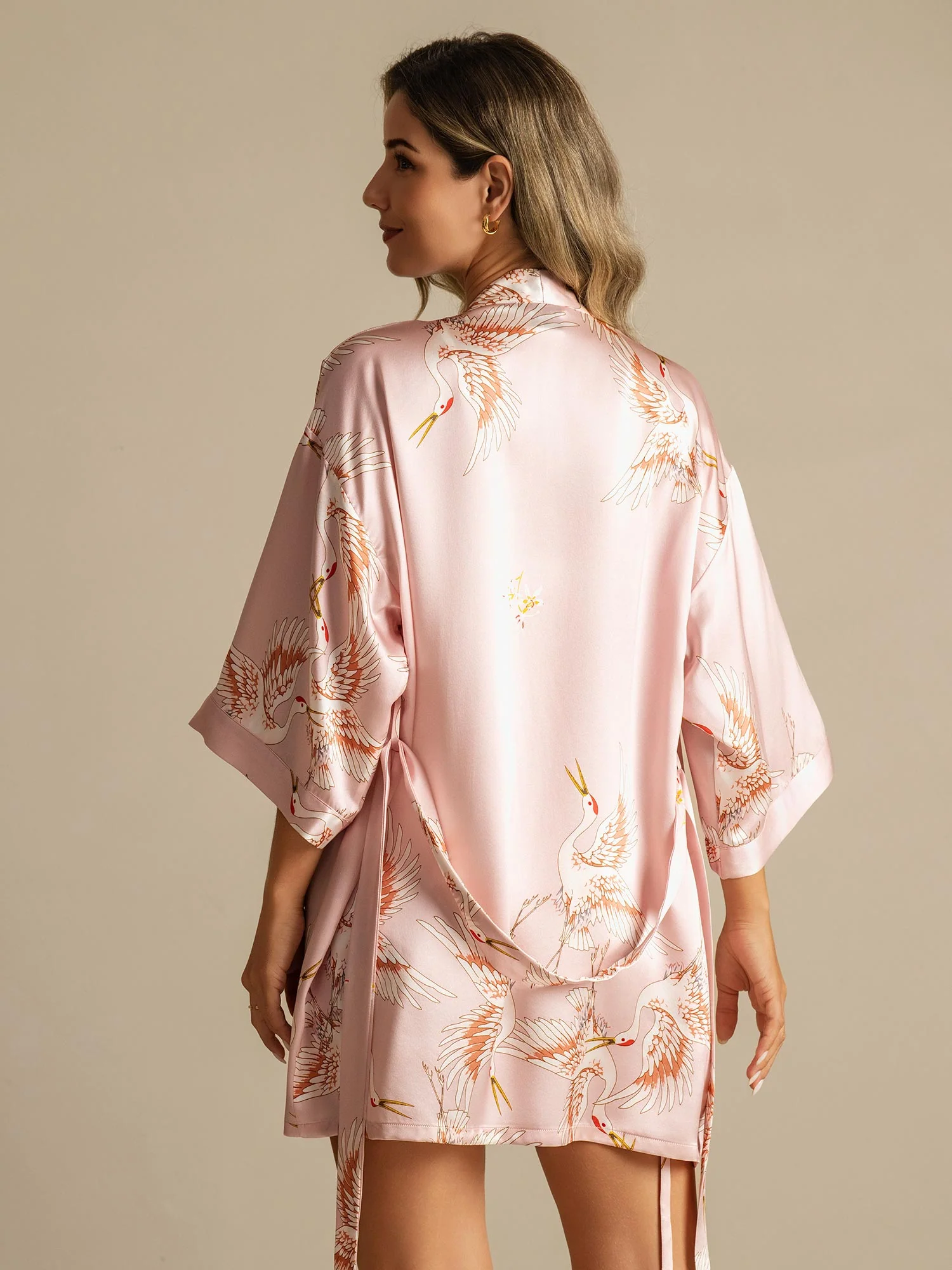19Momme Reine Seide Kranichprint 3/4 Ärmel Kurzer Damen Kimono Morgenmantel - Image 13