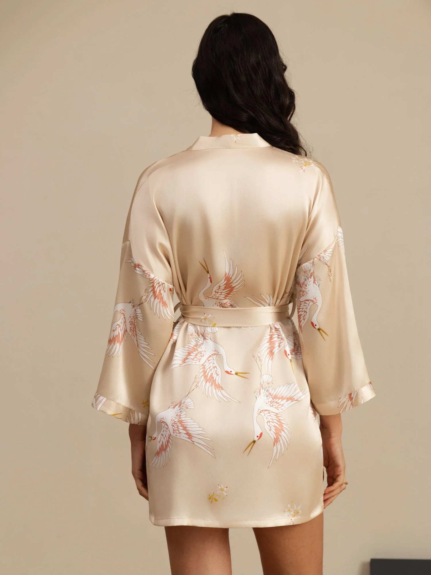 19Momme Reine Seide Kranichprint 3/4 Ärmel Kurzer Damen Kimono Morgenmantel - Image 32