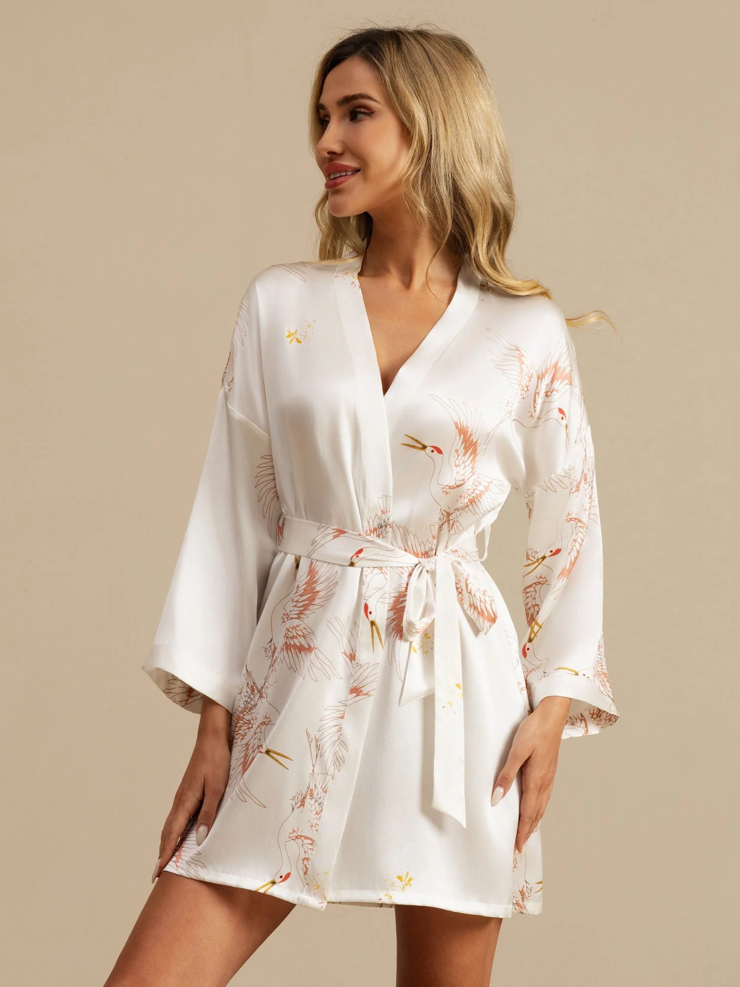 19Momme Reine Seide Kranichprint 3/4 Ärmel Kurzer Damen Kimono Morgenmantel - Image 42