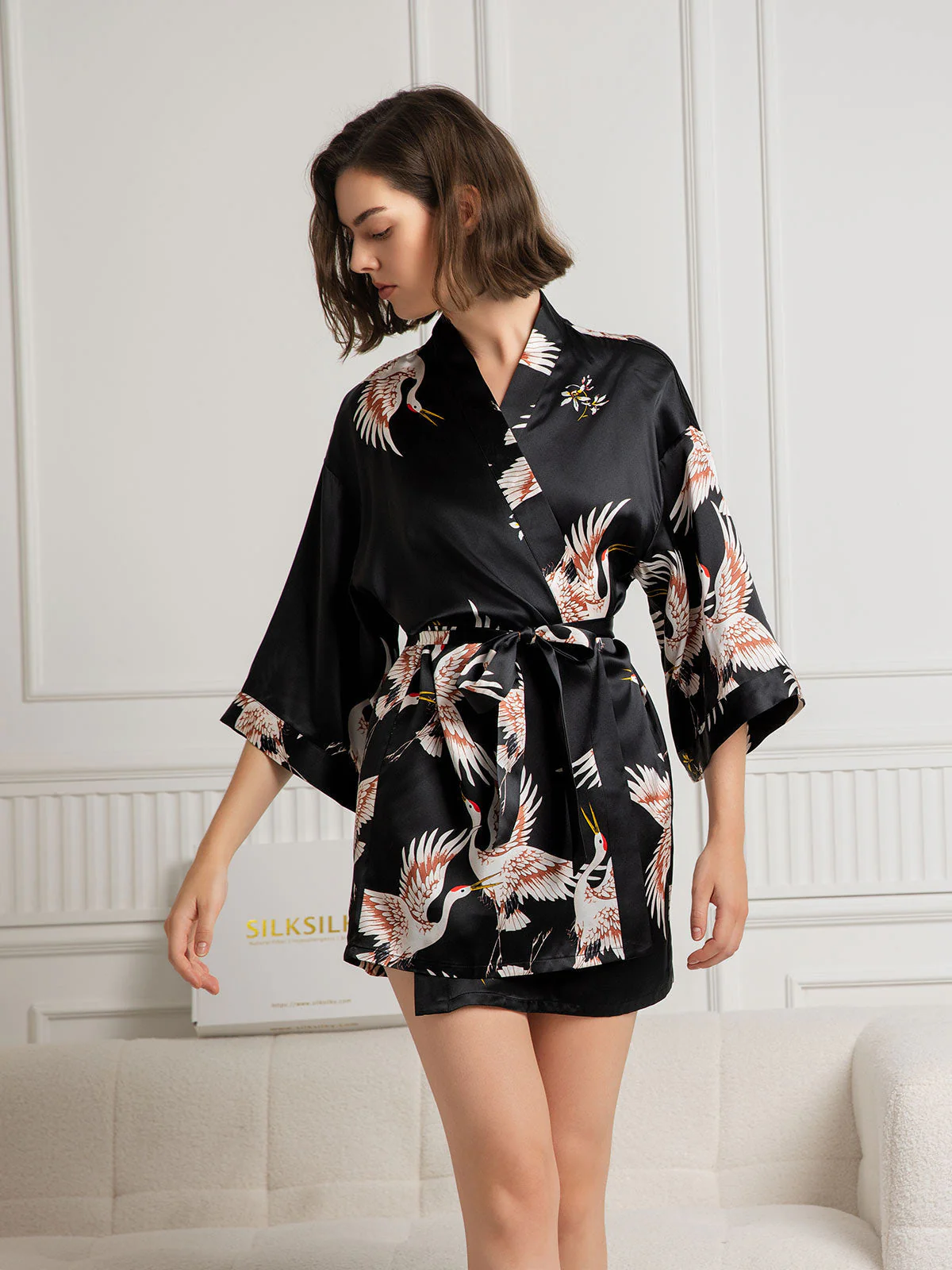 19Momme Reine Seide Kranichprint 3/4 Ärmel Kurzer Damen Kimono Morgenmantel - Image 7
