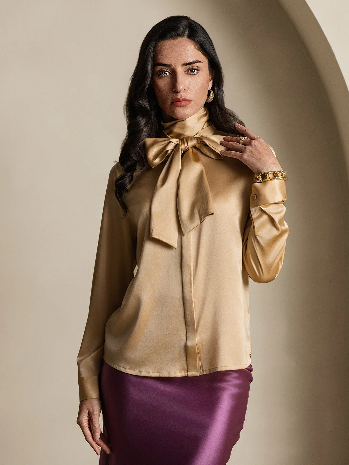 Clearance(Versand nur nach DE) - 19 Momme Seidenmodische Schleifenkragenbluse - Image 11