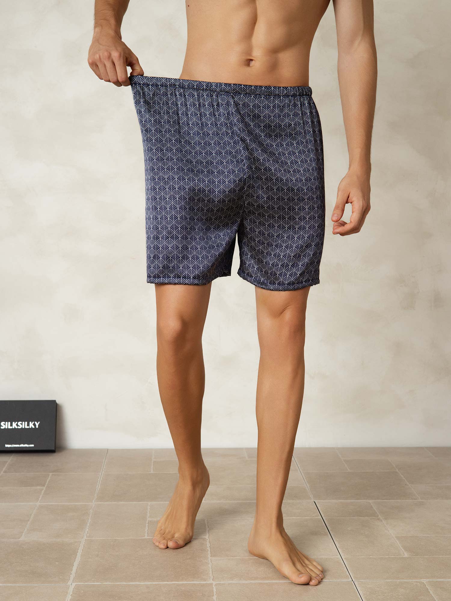 Reine Seide Marine Ginkgo Druck Elastischer Bund Schlafshorts - Image 3