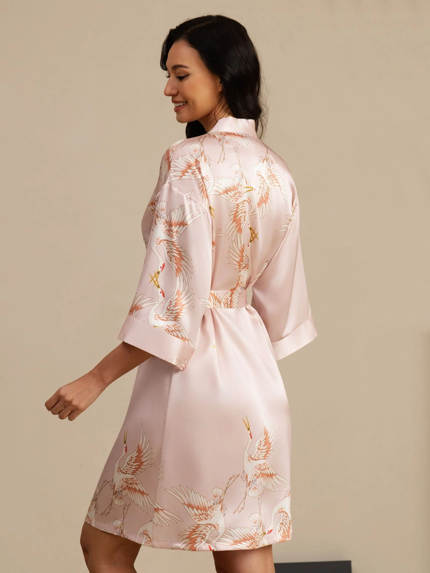 19Momme Pure Silk Kranich-Druck Gürtelte Wickel Kimono-Robe für Frauen - Image 10