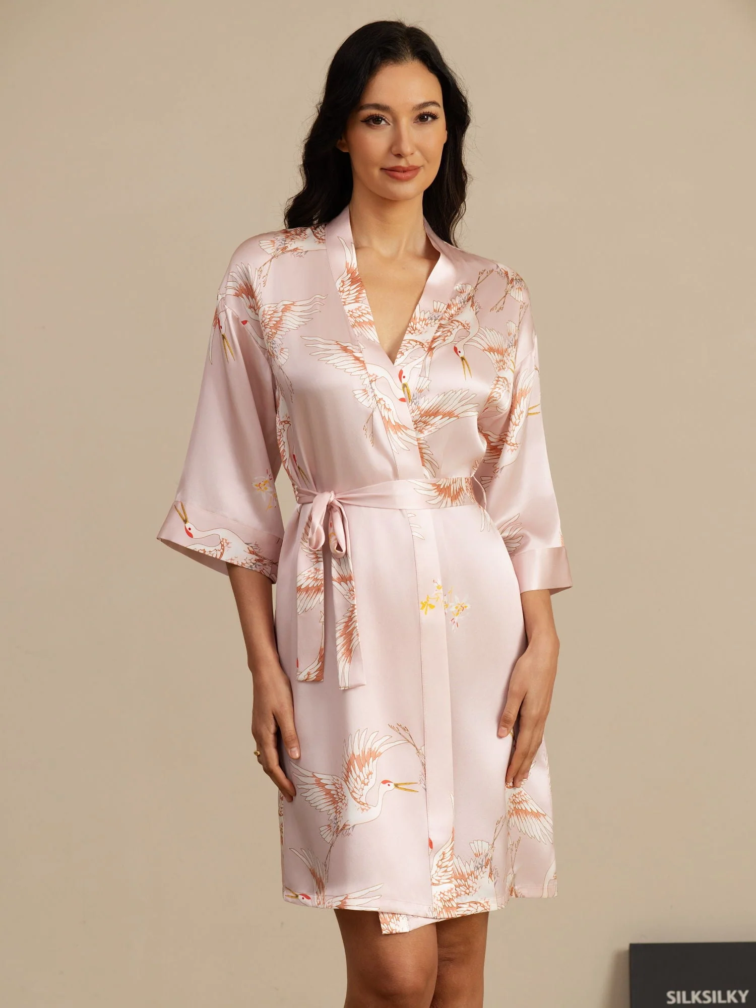 19Momme Pure Silk Kranich-Druck Gürtelte Wickel Kimono-Robe für Frauen - Image 13