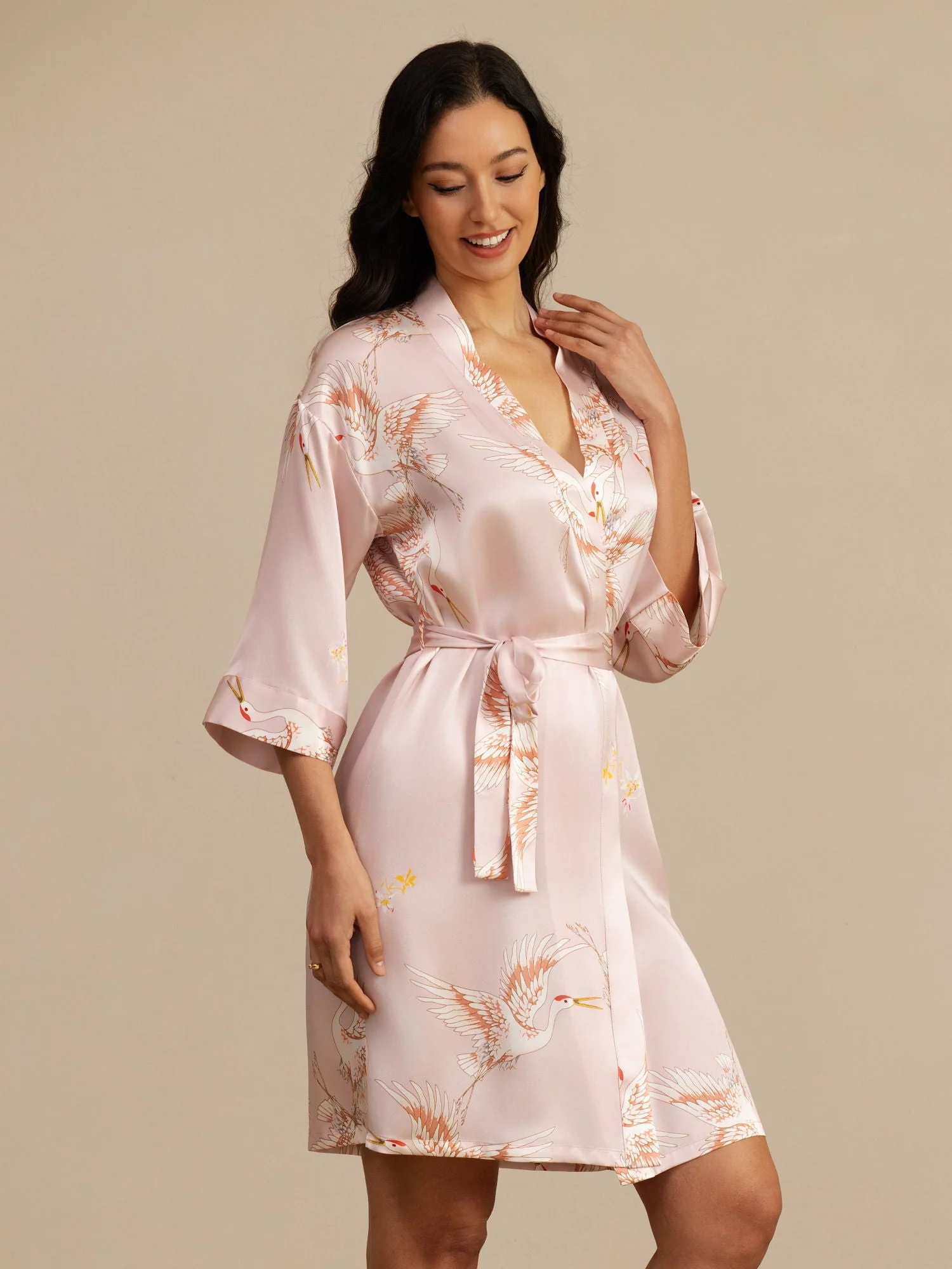 19Momme Pure Silk Kranich-Druck Gürtelte Wickel Kimono-Robe für Frauen - Image 15