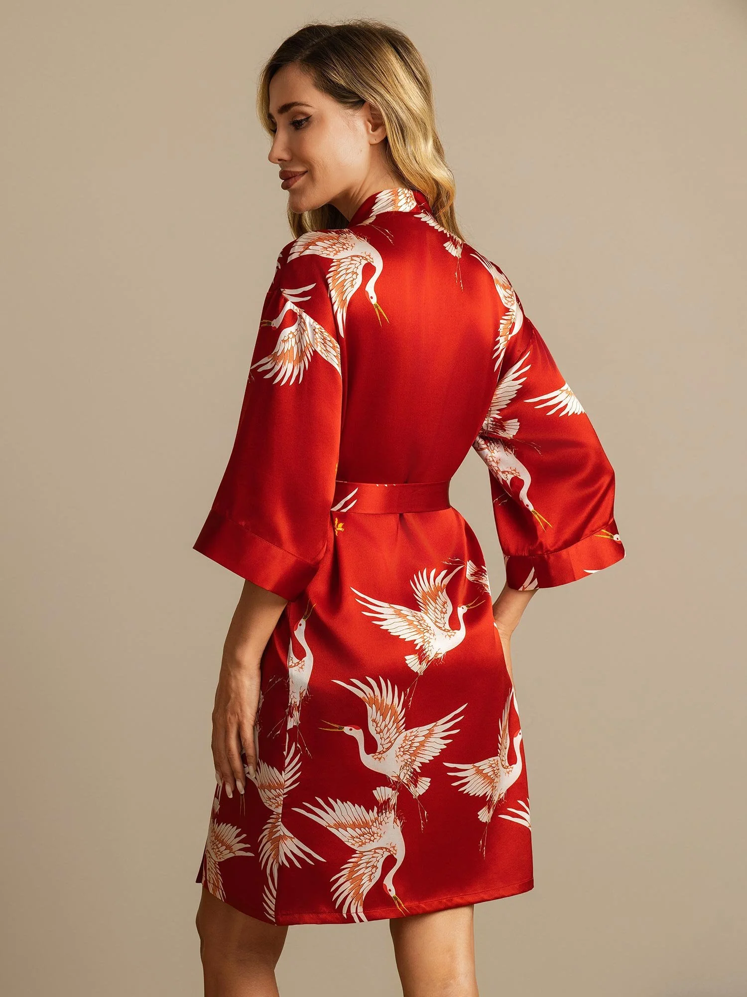19Momme Pure Silk Kranich-Druck Gürtelte Wickel Kimono-Robe für Frauen - Image 2