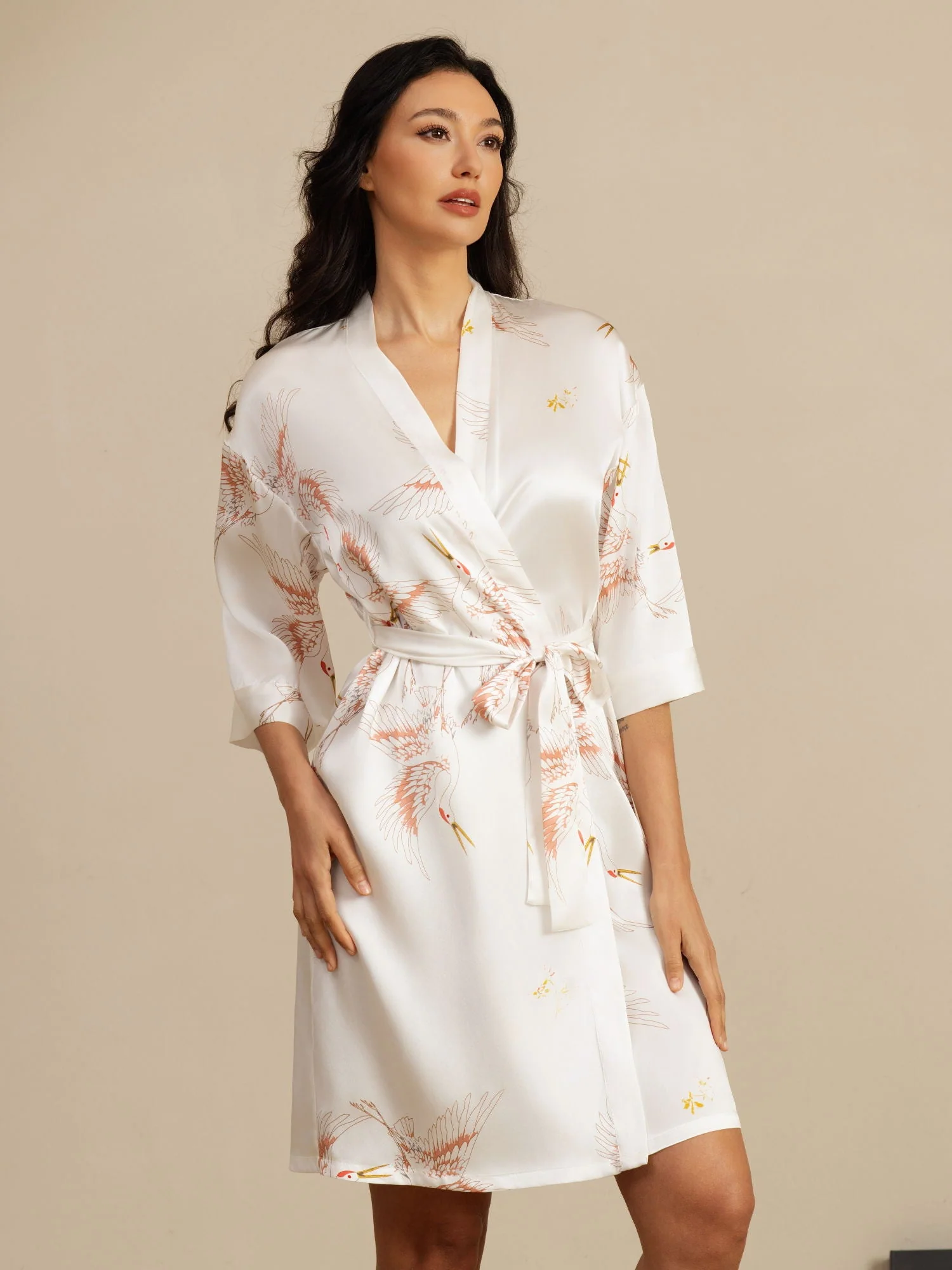19Momme Pure Silk Kranich-Druck Gürtelte Wickel Kimono-Robe für Frauen - Image 44