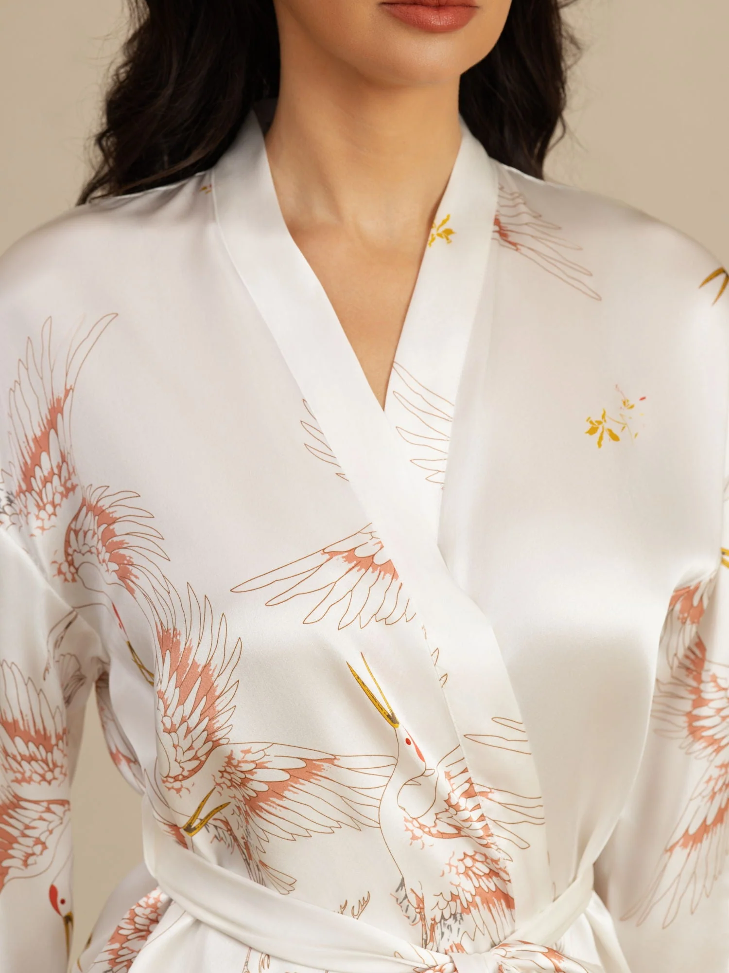 19Momme Pure Silk Kranich-Druck Gürtelte Wickel Kimono-Robe für Frauen - Image 47