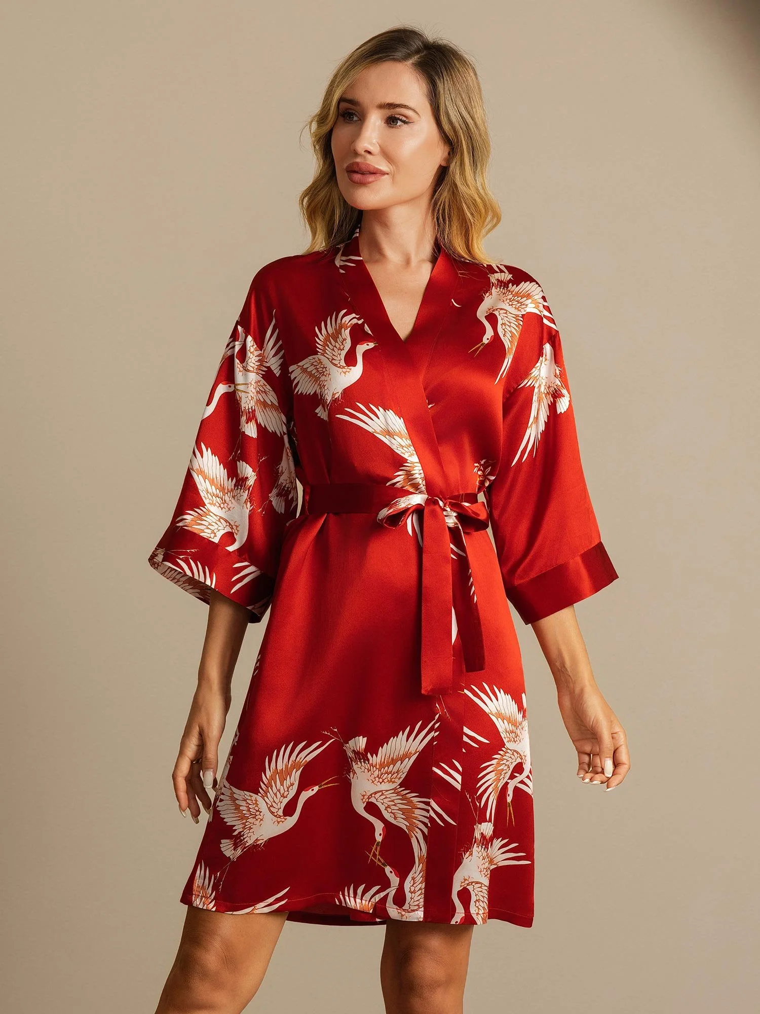 19Momme Pure Silk Kranich-Druck Gürtelte Wickel Kimono-Robe für Frauen - Image 7