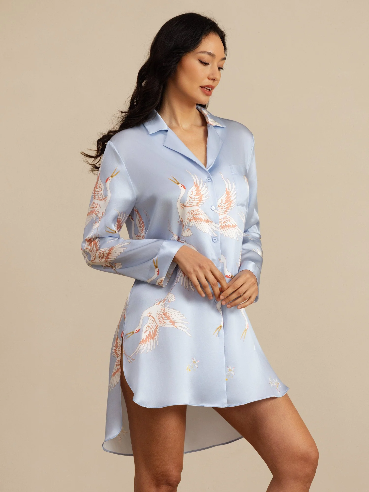 19Momme Pure Silk Kranich-Druck Nachthemd mit High-Low Saum - Image 24