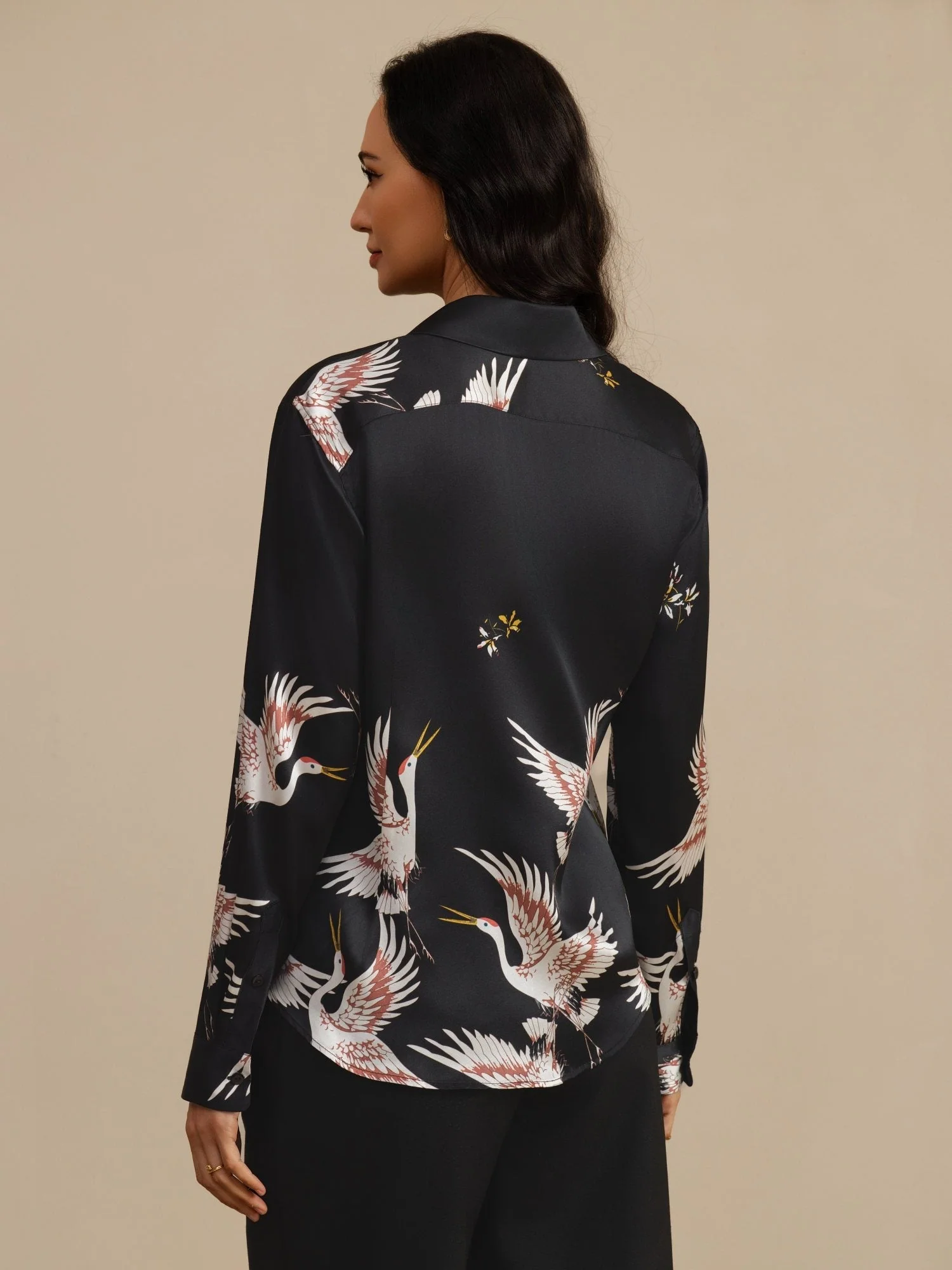 19 Momme Reine Seide Damen Langarm Bluse Mit Reverskragen Kranich Druck Knopfleiste - Image 10