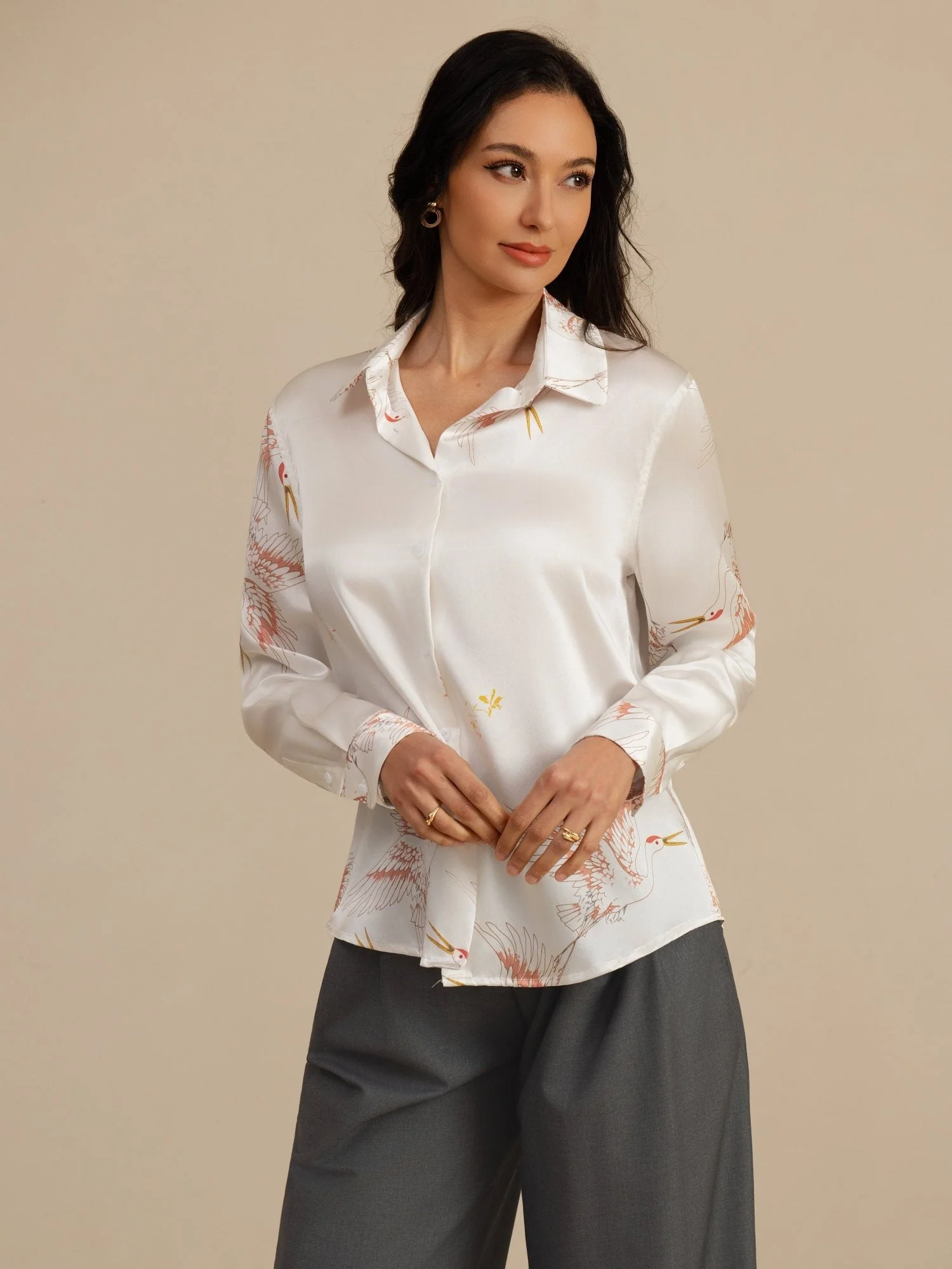 19 Momme Reine Seide Damen Langarm Bluse Mit Reverskragen Kranich Druck Knopfleiste - Image 43