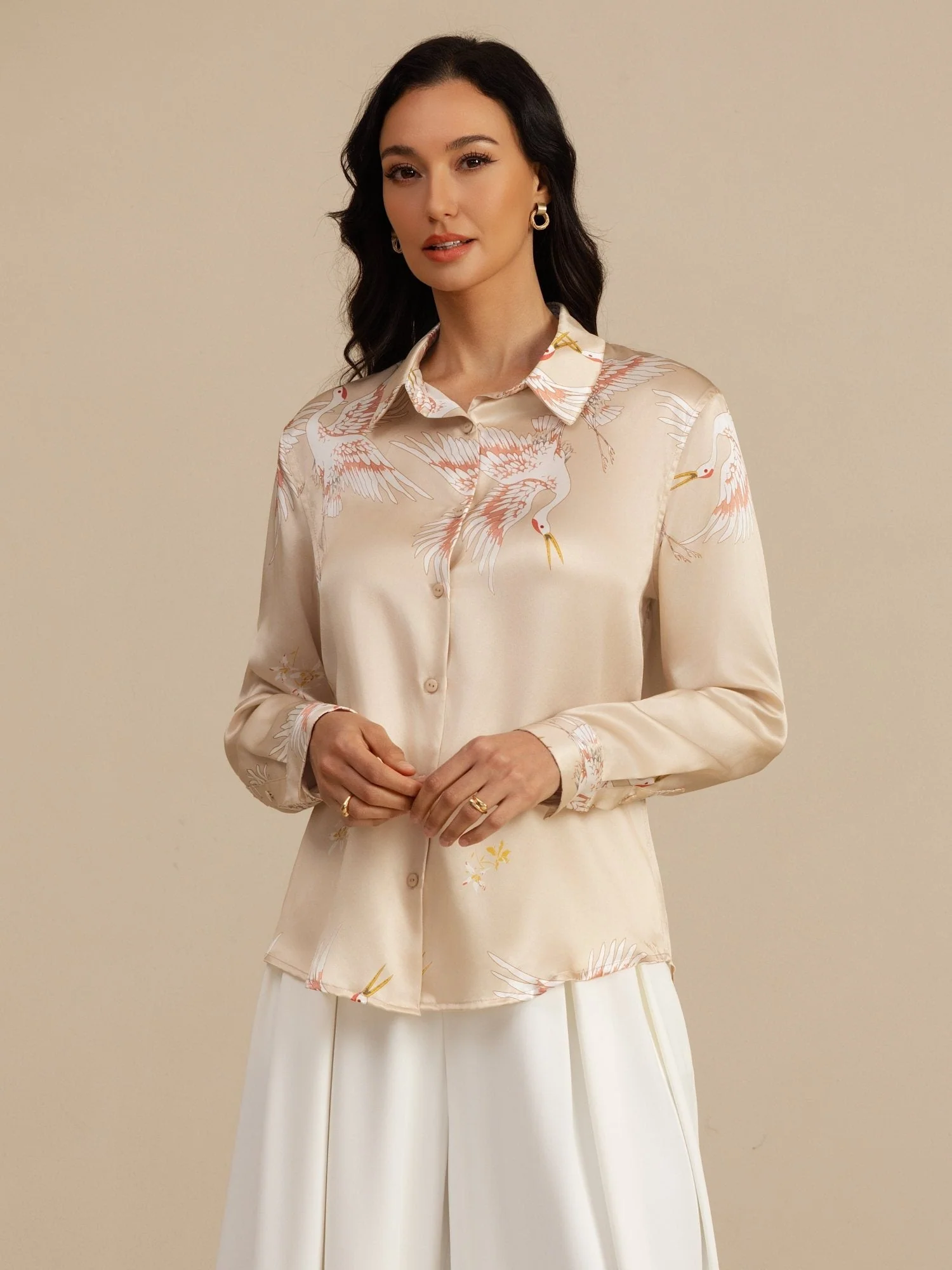 19 Momme Reine Seide Damen Langarm Bluse Mit Reverskragen Kranich Druck Knopfleiste - Image 50