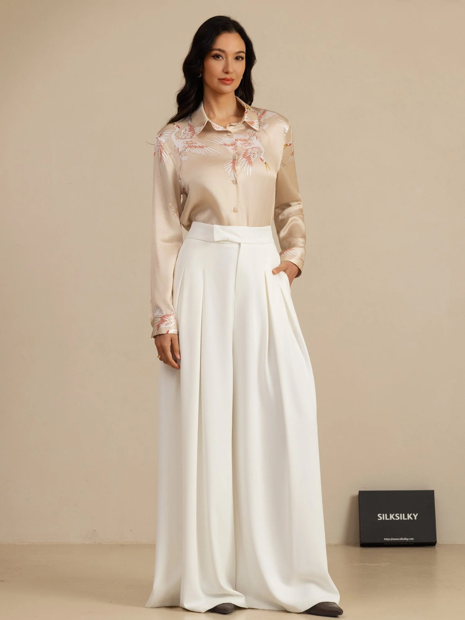 19 Momme Reine Seide Damen Langarm Bluse Mit Reverskragen Kranich Druck Knopfleiste - Image 52