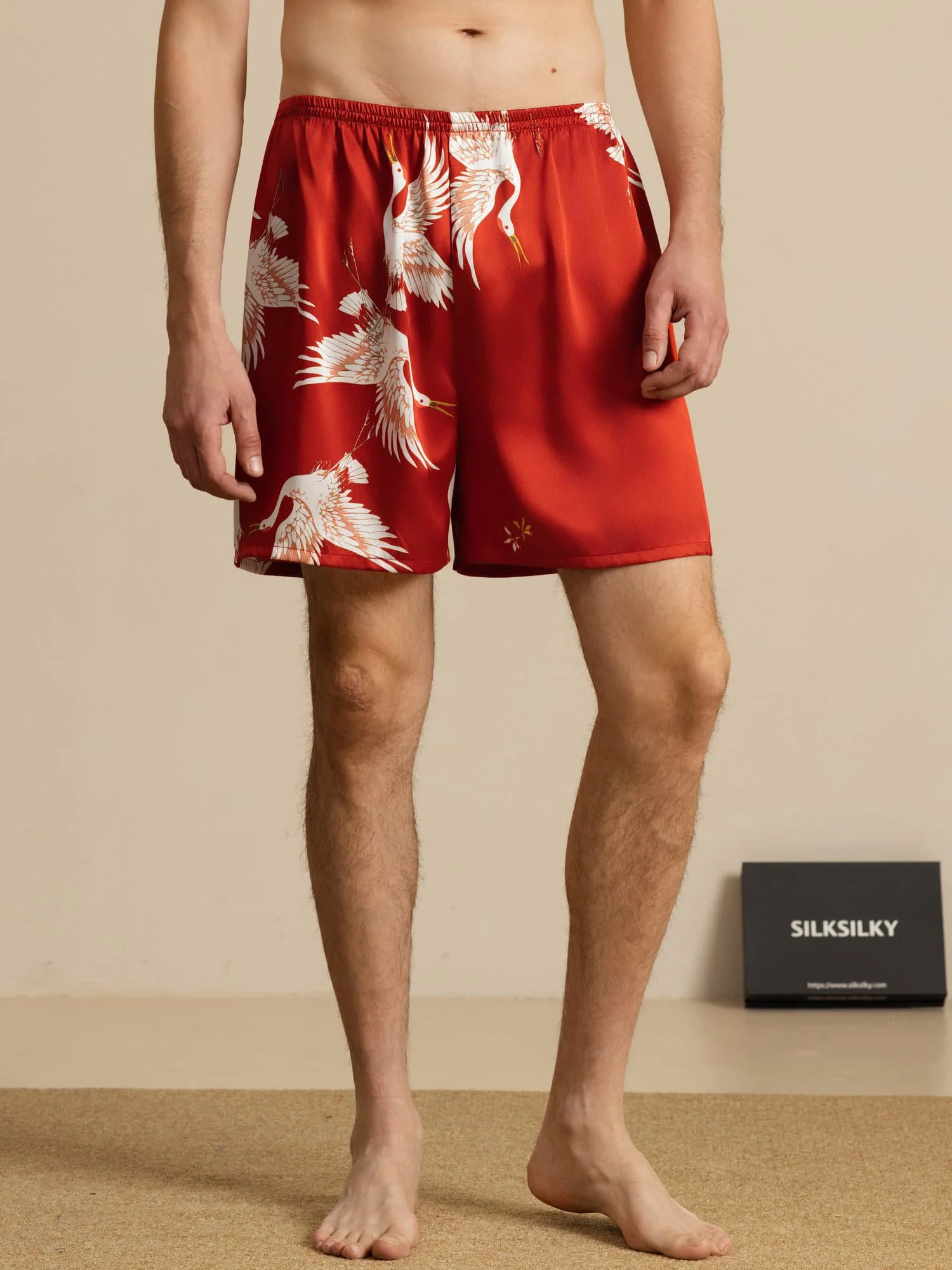 19Momme Reine Seide Herren Kranich Druck Elastischer Taillen Schlaf Shorts - Image 14
