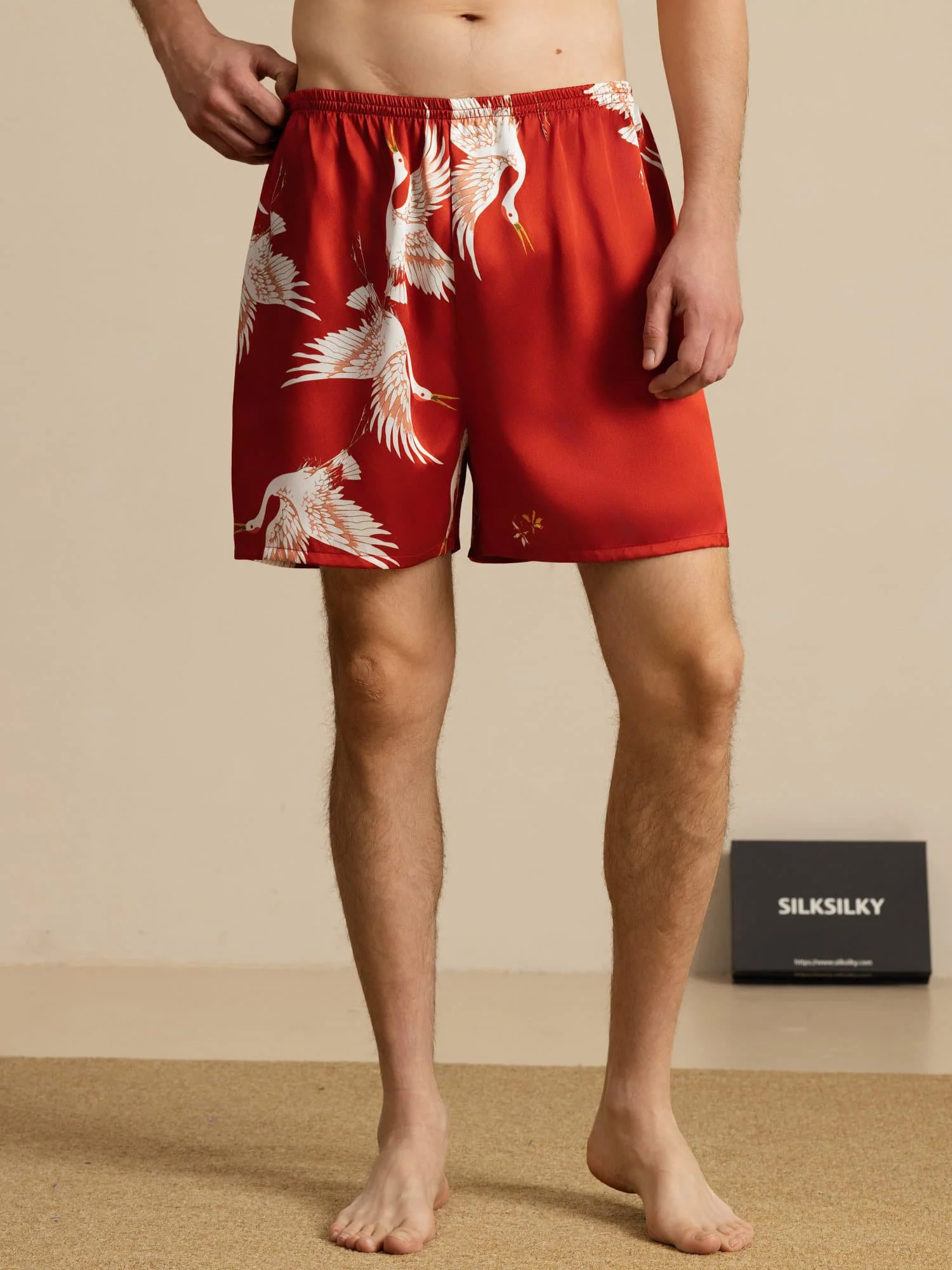19Momme Reine Seide Herren Kranich Druck Elastischer Taillen Schlaf Shorts - Image 16