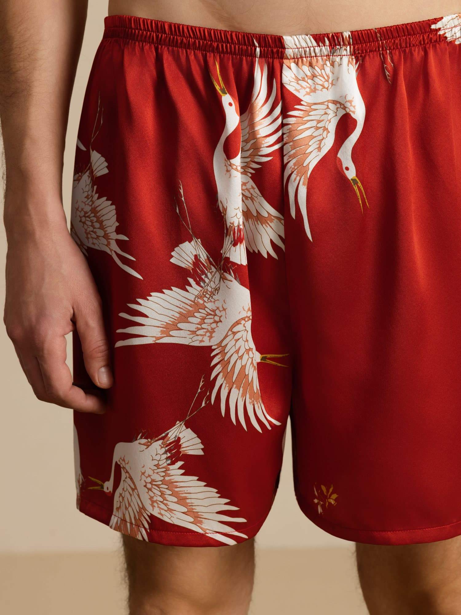 19Momme Reine Seide Herren Kranich Druck Elastischer Taillen Schlaf Shorts - Image 18
