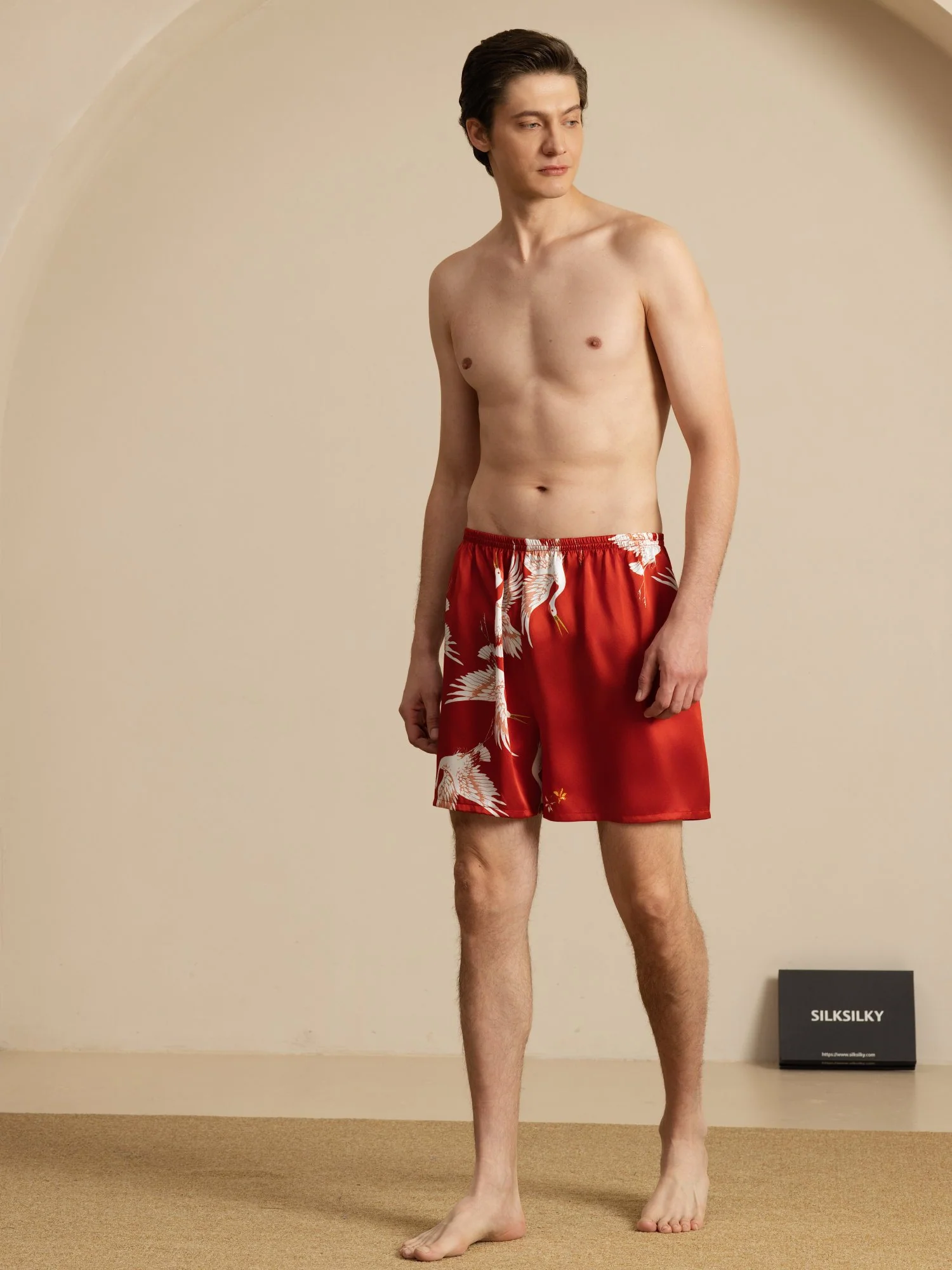 19Momme Reine Seide Herren Kranich Druck Elastischer Taillen Schlaf Shorts - Image 19