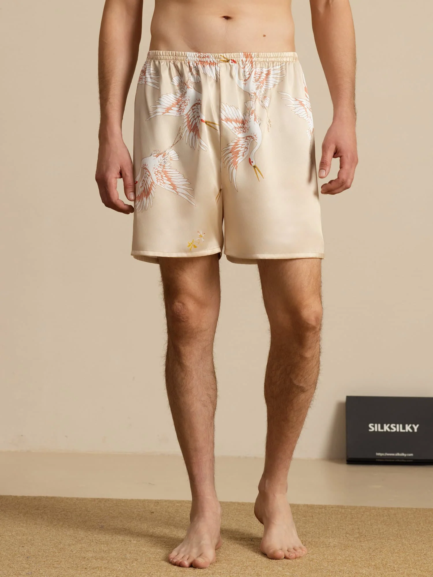 19Momme Reine Seide Herren Kranich Druck Elastischer Taillen Schlaf Shorts - Image 21