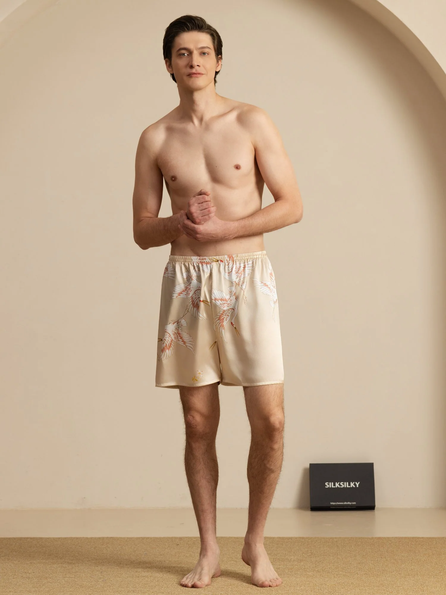 19Momme Reine Seide Herren Kranich Druck Elastischer Taillen Schlaf Shorts - Image 24