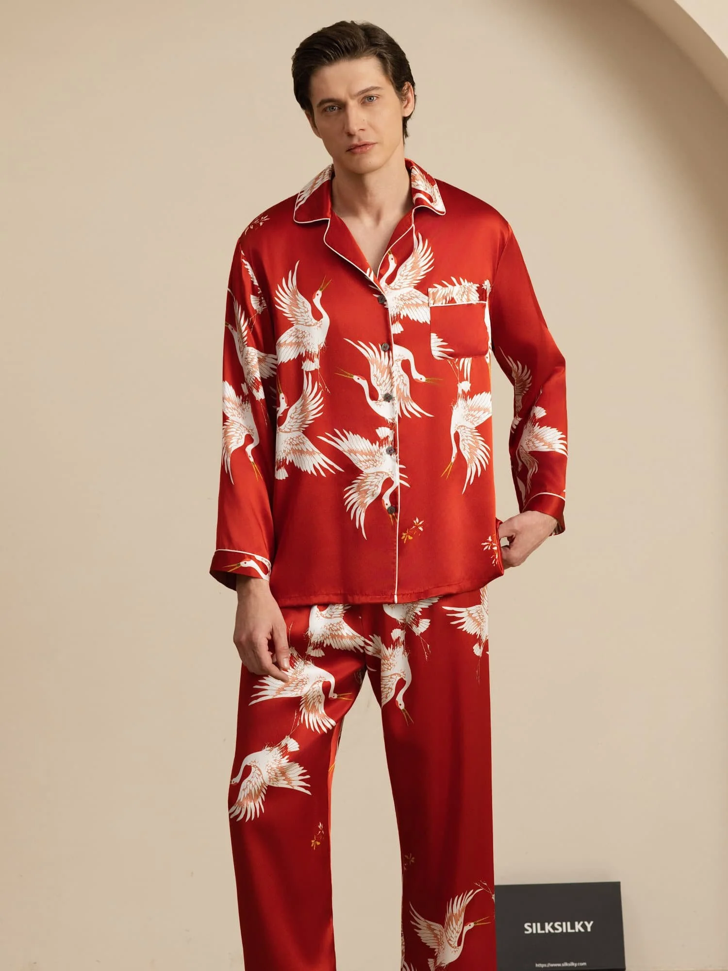 19Momme Reiner Seiden Herren Kranichdruck Langarm Notch Kragen Pyjama Set - Image 22