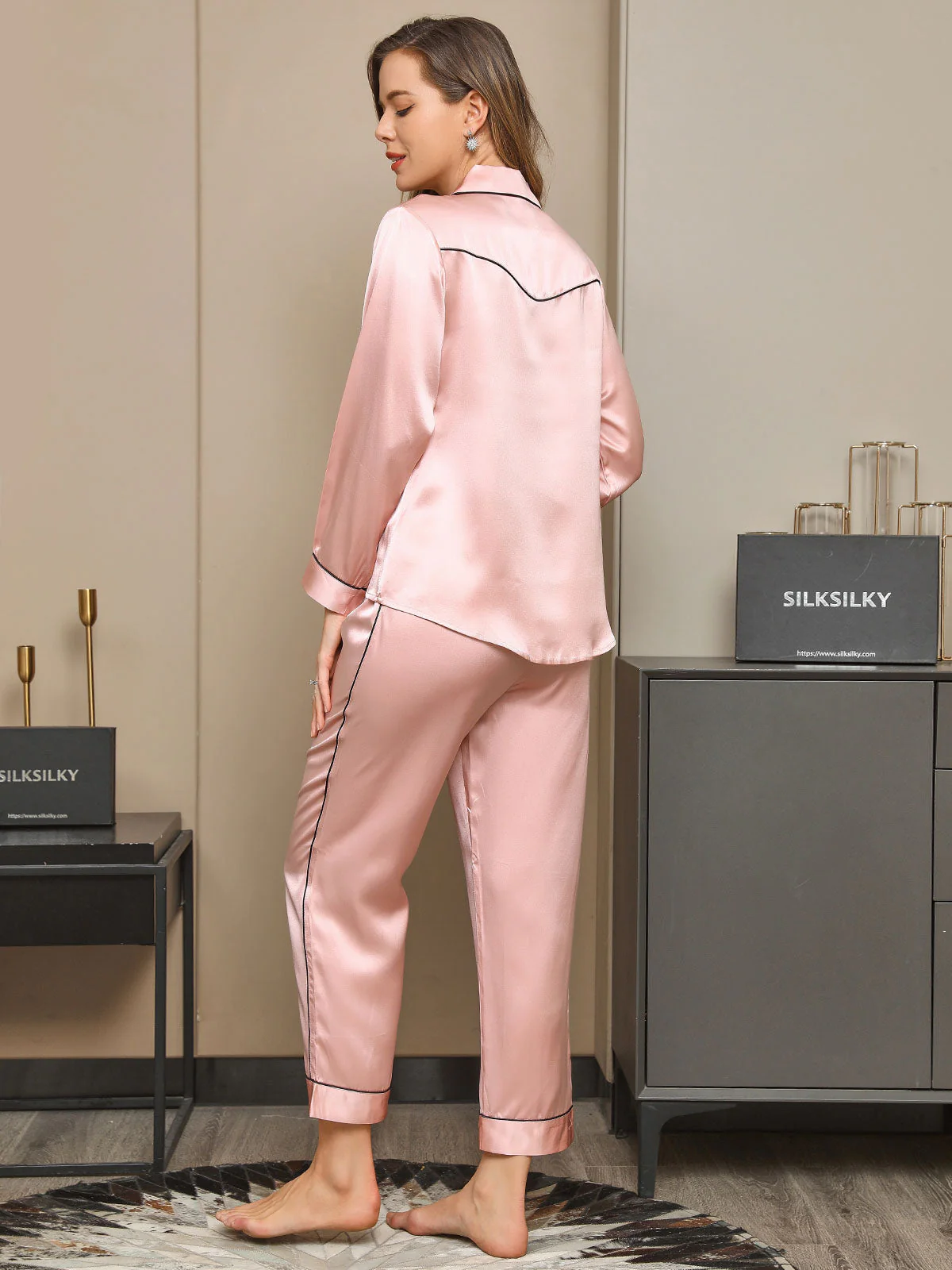 Clearance(Versand nur nach DE) - Pyjama-Set aus 19Momme reiner Seide mit Paspelbesatz 2Pcs - Image 11