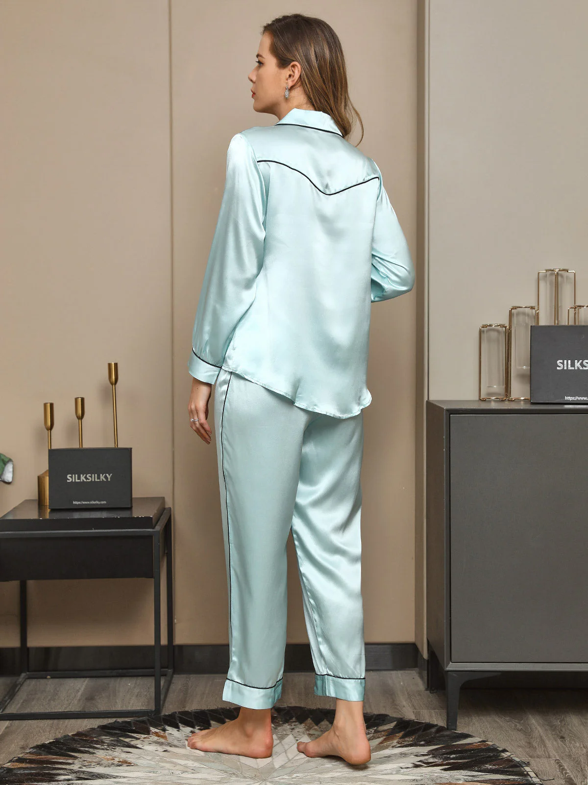 Clearance(Versand nur nach DE) - Pyjama-Set aus 19Momme reiner Seide mit Paspelbesatz 2Pcs - Image 6