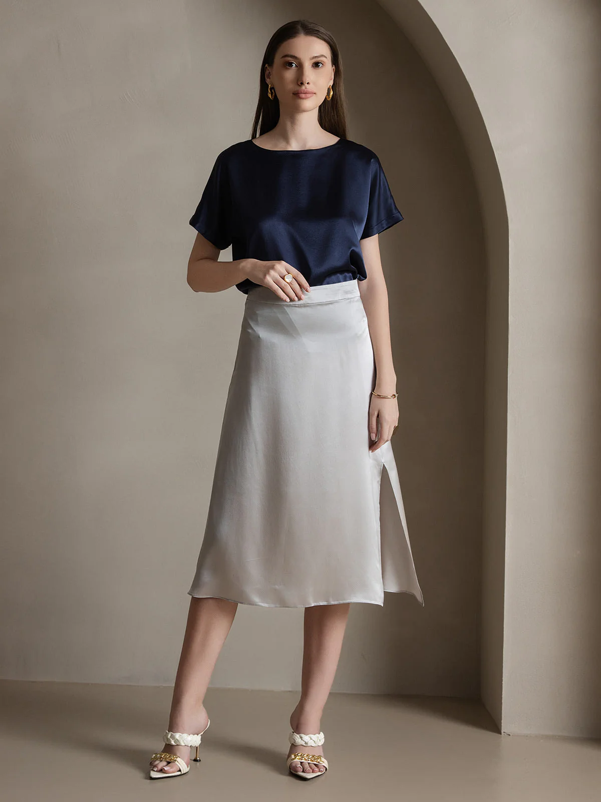 Clearance - 19Momme Seiden Einfarbige Elegante Rock Mit Schlitzsaum - Image 22