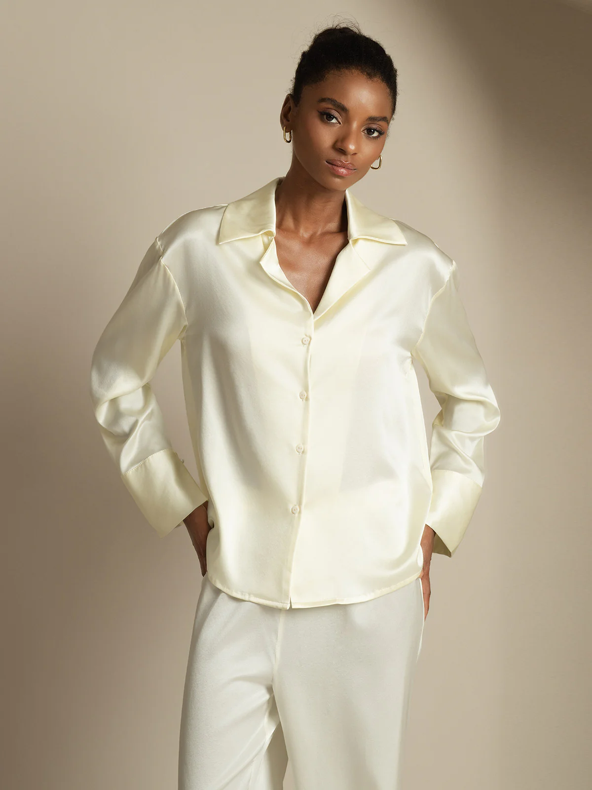 Clearance - 19Momme Seide Basic Revers Langarm Hemd - Image 13