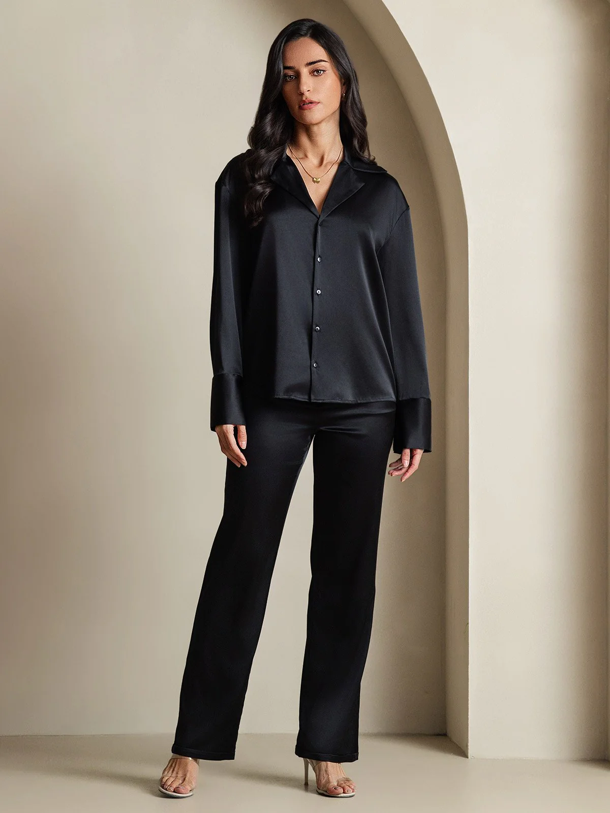 Clearance - 19Momme Seide Basic Revers Langarm Hemd - Image 22