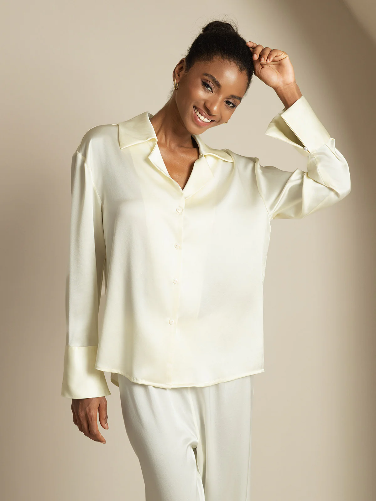Clearance - 19Momme Seide Basic Revers Langarm Hemd - Image 9