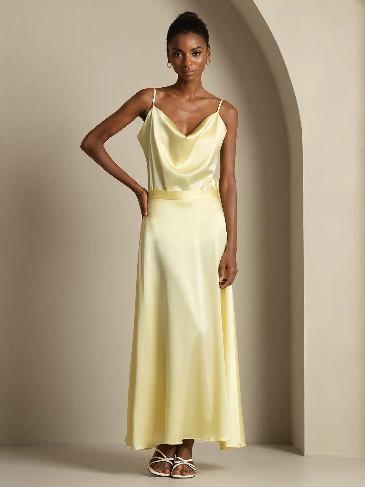 19Momme Seide Cowl Neck Spaghetti Träger Camisole Top & A-Linien Maxi Rock - Image 11