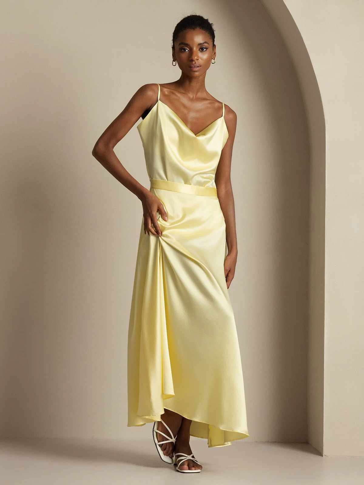 19Momme Seide Cowl Neck Spaghetti Träger Camisole Top & A-Linien Maxi Rock - Image 13