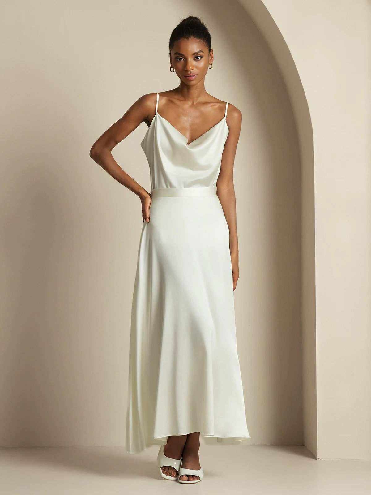 19Momme Seide Cowl Neck Spaghetti Träger Camisole Top & A-Linien Maxi Rock - Image 19