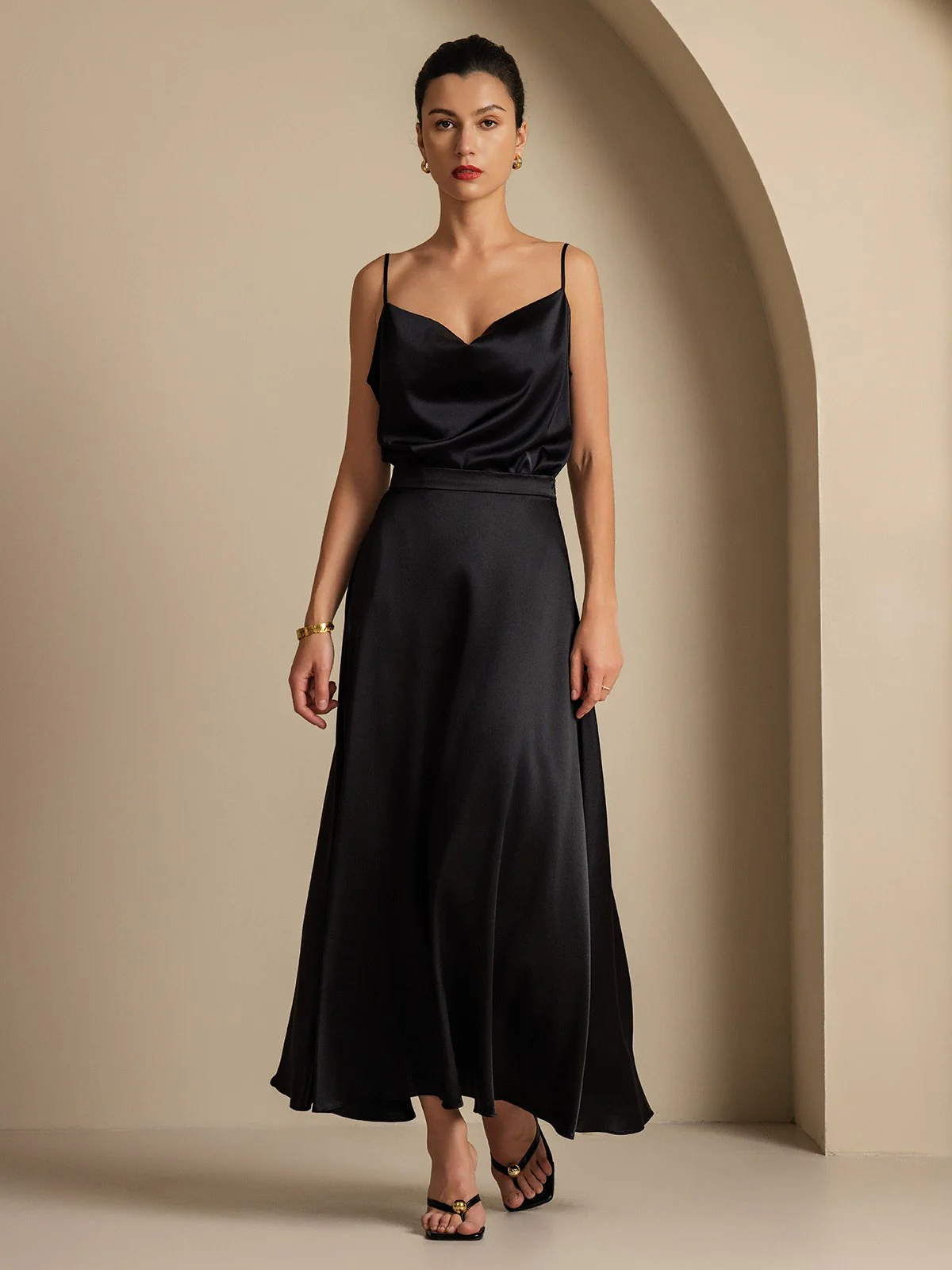 19Momme Seide Cowl Neck Spaghetti Träger Camisole Top & A-Linien Maxi Rock - Image 23