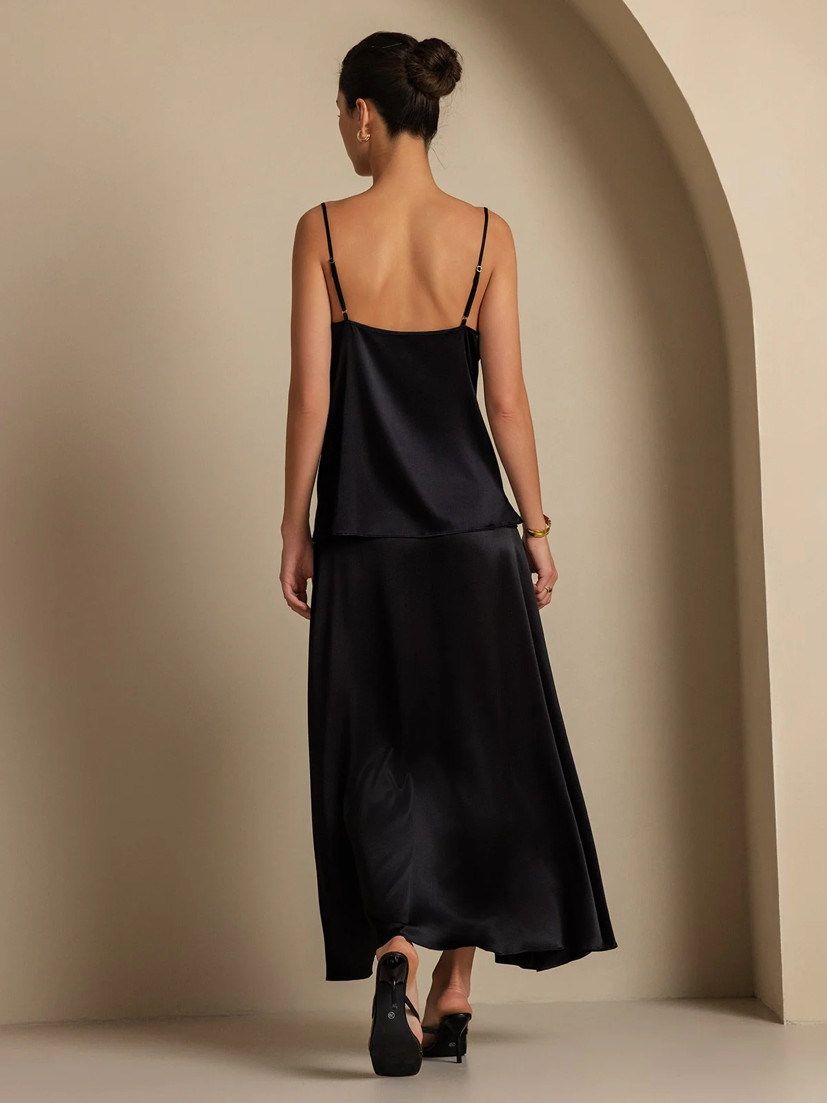 19Momme Seide Cowl Neck Spaghetti Träger Camisole Top & A-Linien Maxi Rock - Image 24