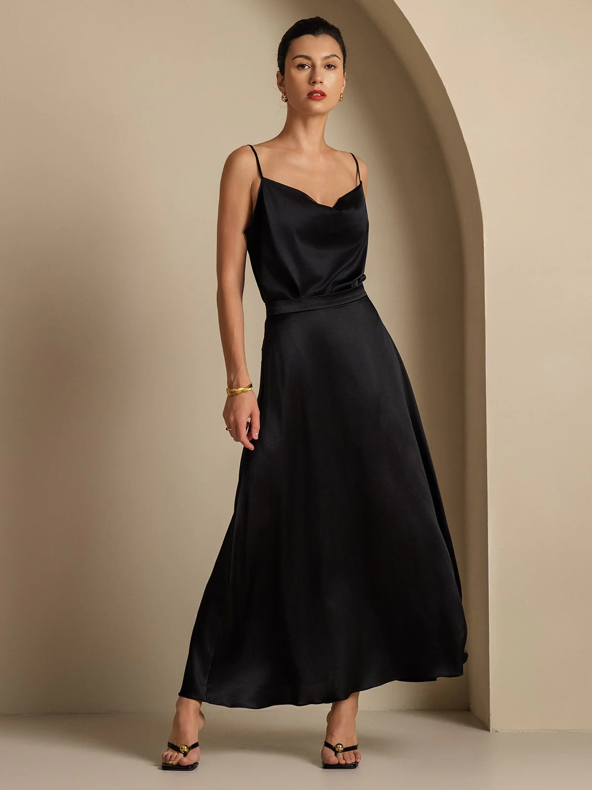 19Momme Seide Cowl Neck Spaghetti Träger Camisole Top & A-Linien Maxi Rock - Image 25