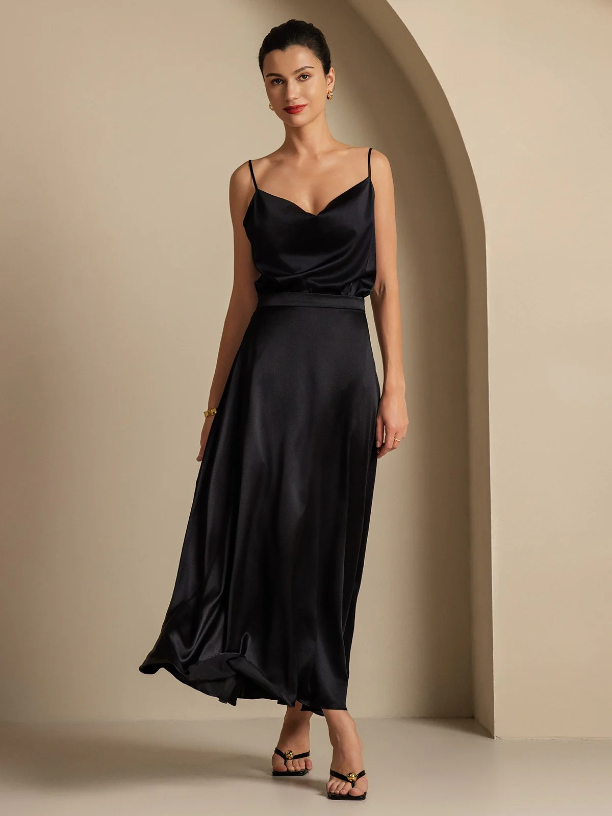 19Momme Seide Cowl Neck Spaghetti Träger Camisole Top & A-Linien Maxi Rock - Image 28