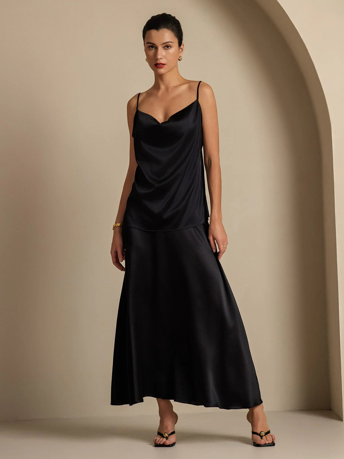 19Momme Seide Cowl Neck Spaghetti Träger Camisole Top & A-Linien Maxi Rock - Image 29