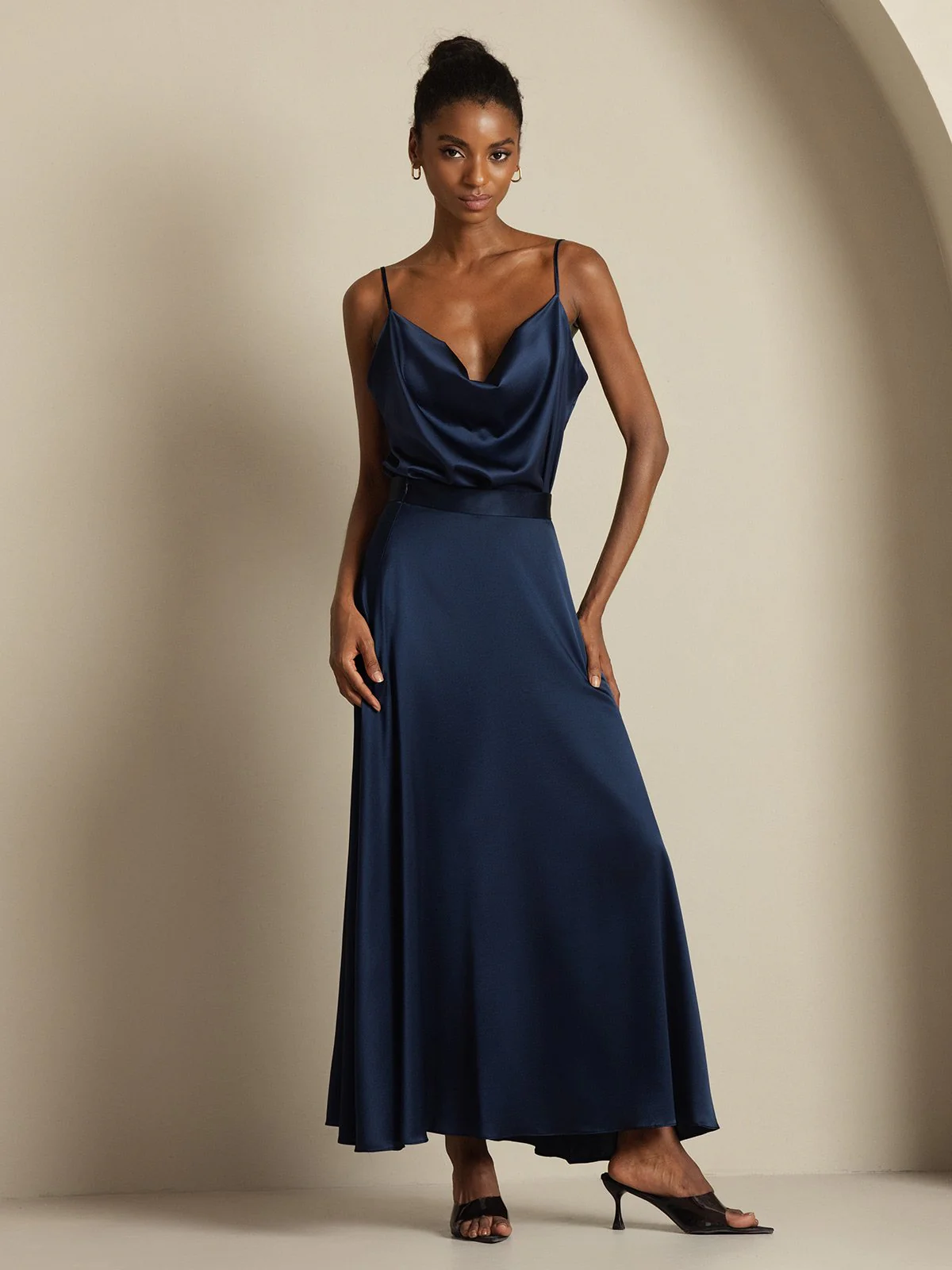 19Momme Seide Cowl Neck Spaghetti Träger Camisole Top & A-Linien Maxi Rock - Image 3