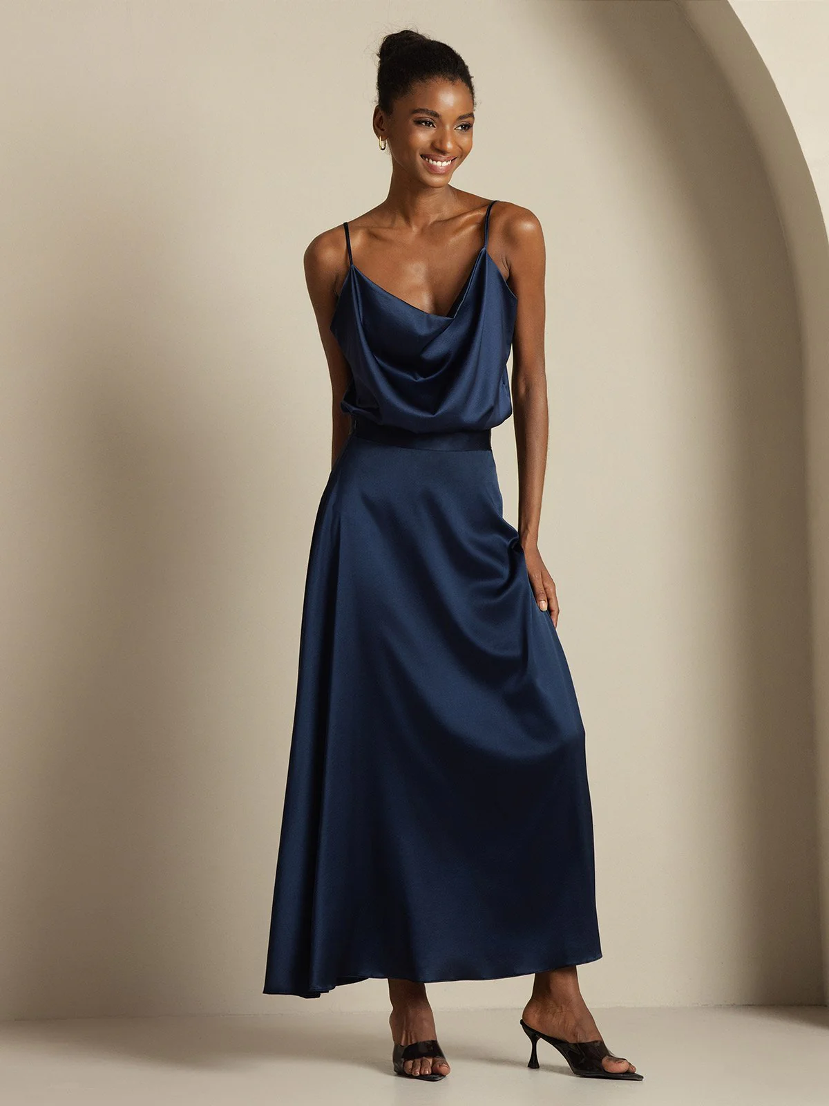 19Momme Seide Cowl Neck Spaghetti Träger Camisole Top & A-Linien Maxi Rock - Image 6