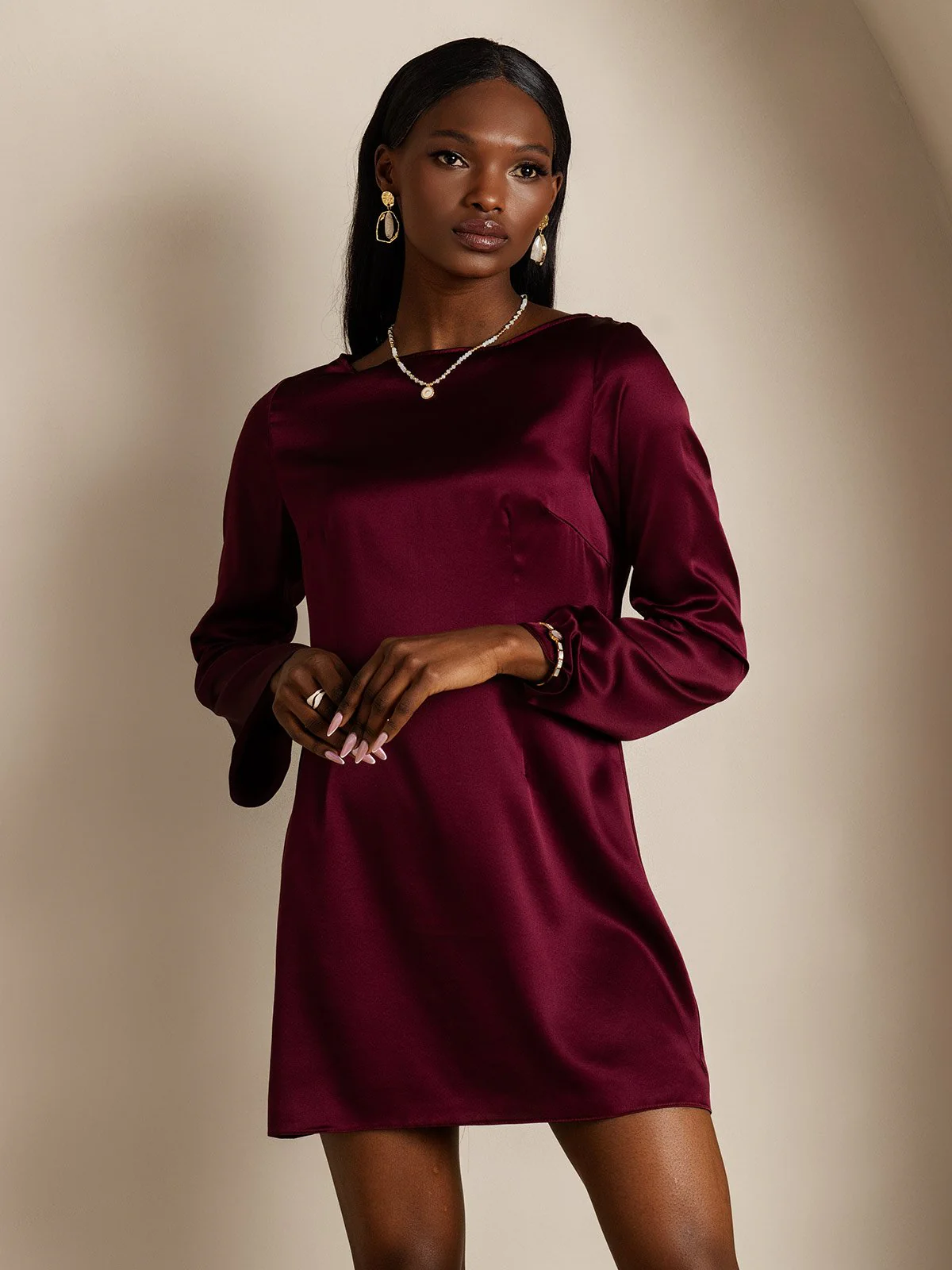 19Momme Seiden Elegantes Langarmkleid - Image 3
