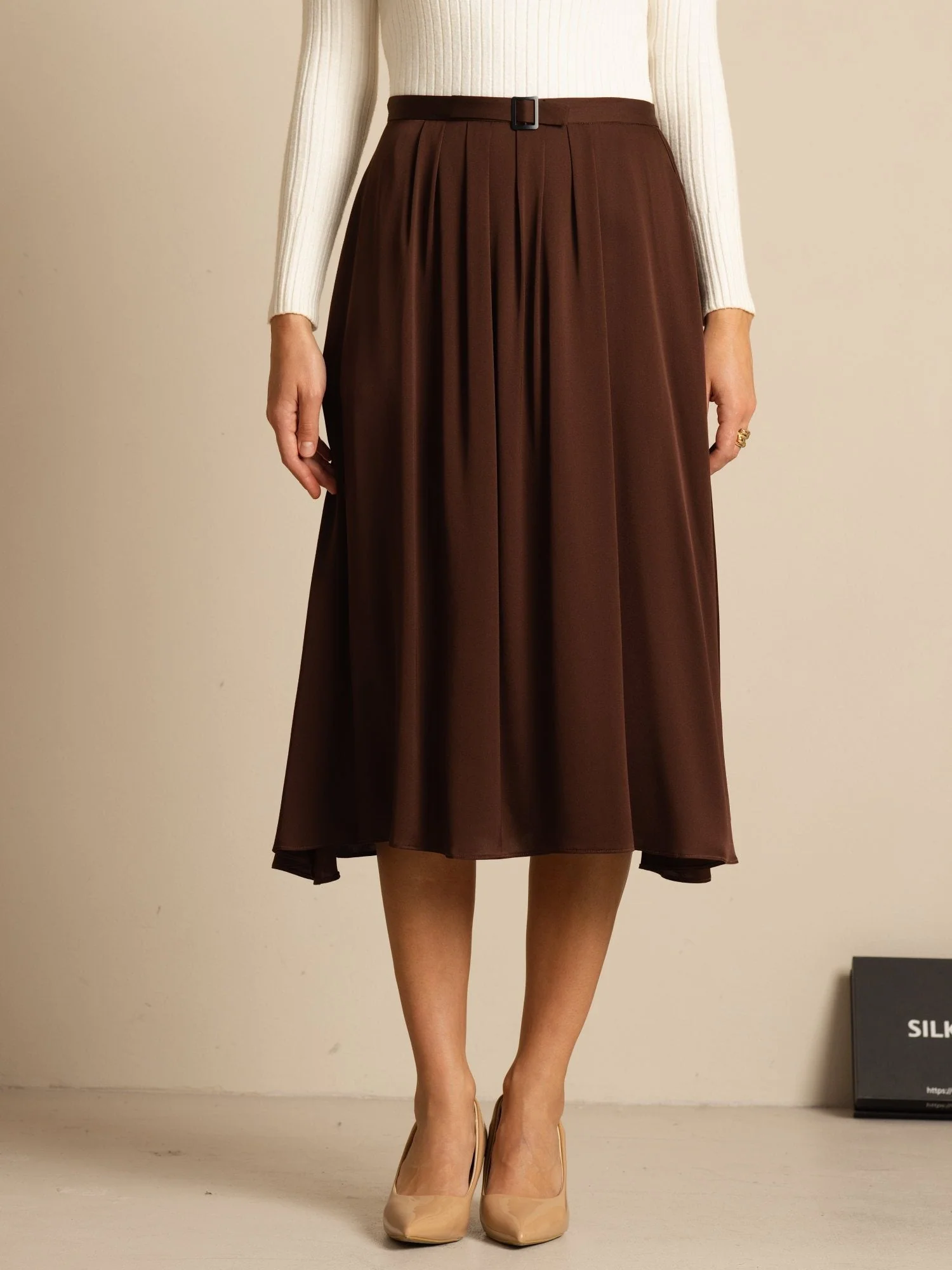 19Momme Seiden High Waist A-Linie Plissierter Midi Rock mit Taschen - Image 14