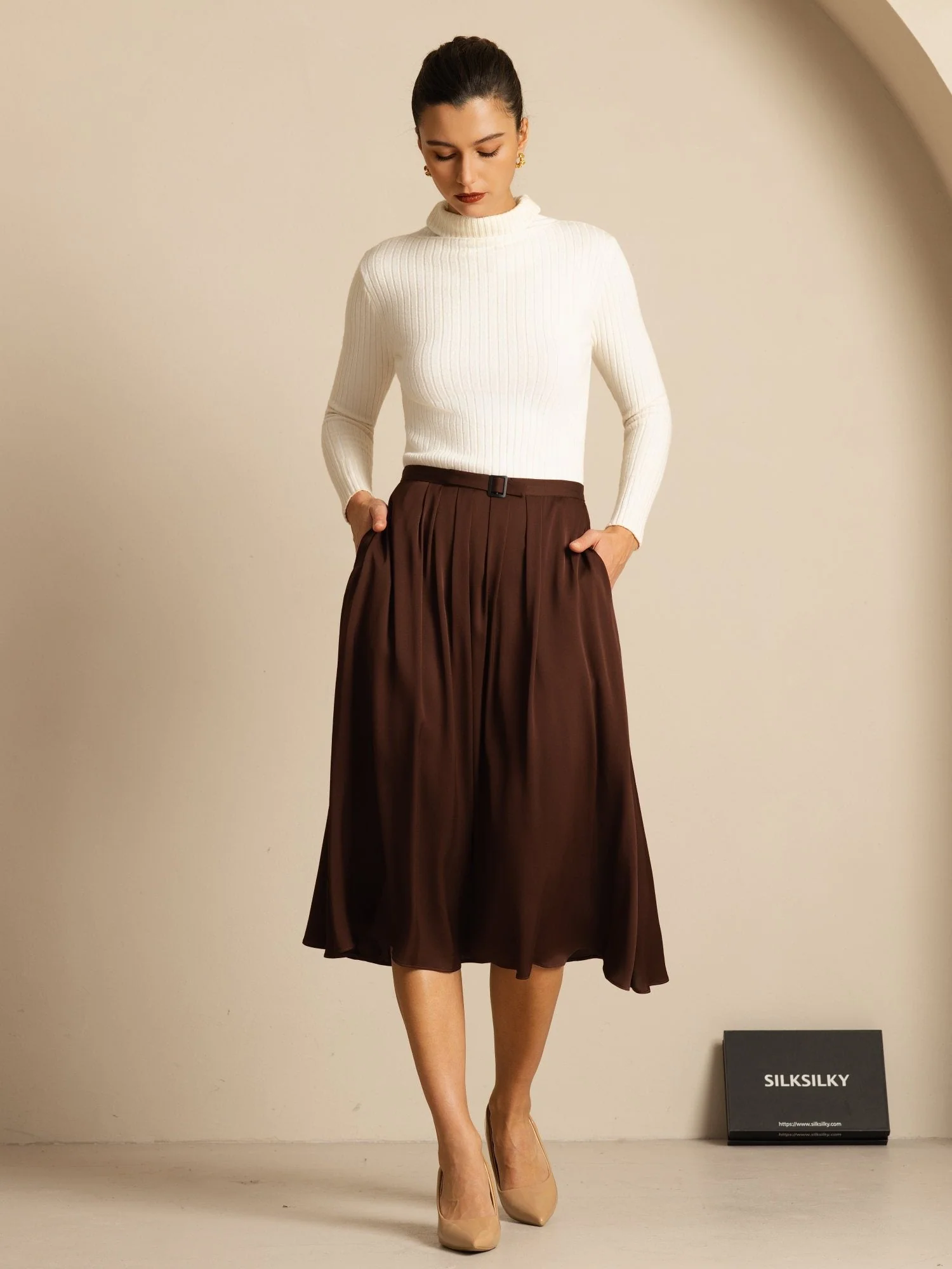 19Momme Seiden High Waist A-Linie Plissierter Midi Rock mit Taschen - Image 16