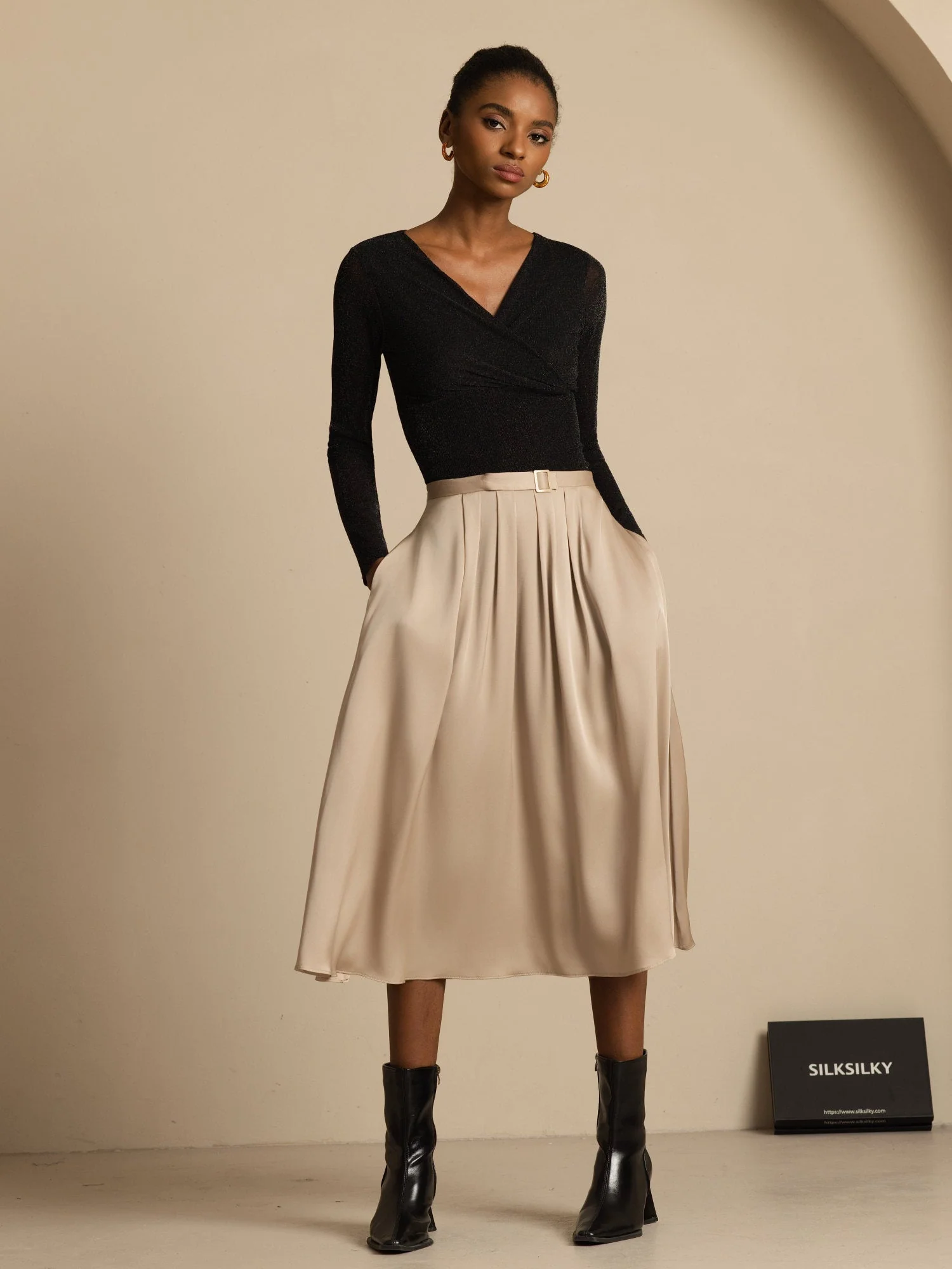 19Momme Seiden High Waist A-Linie Plissierter Midi Rock mit Taschen - Image 5
