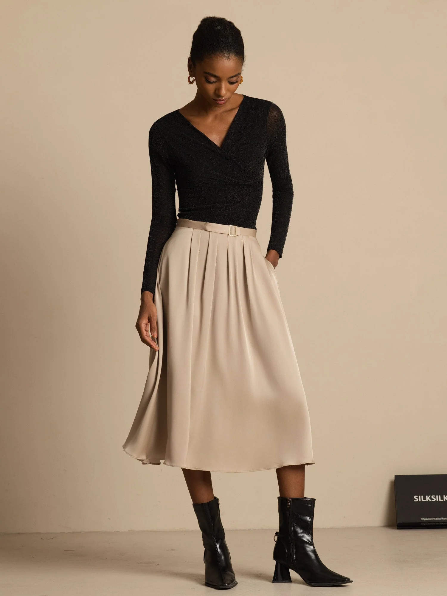 19Momme Seiden High Waist A-Linie Plissierter Midi Rock mit Taschen - Image 6
